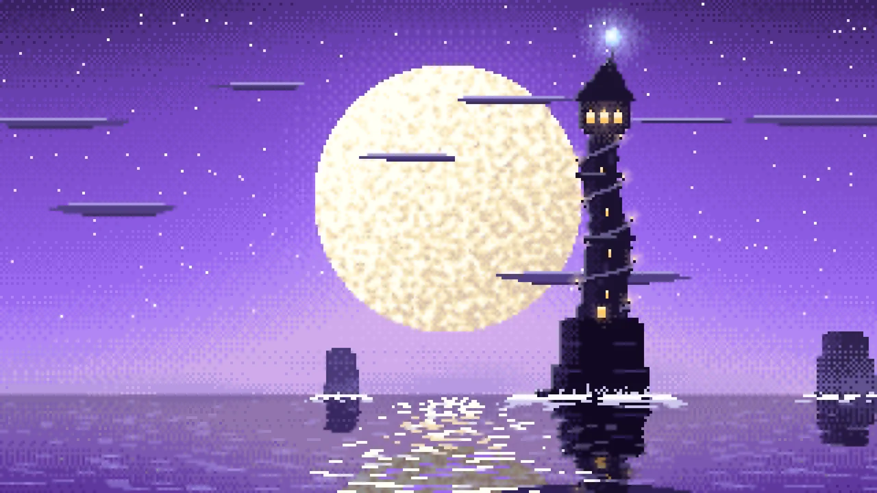 Purple Pixel Art Fantasy Wizard Tower at Night desktop wallpaper in 4K