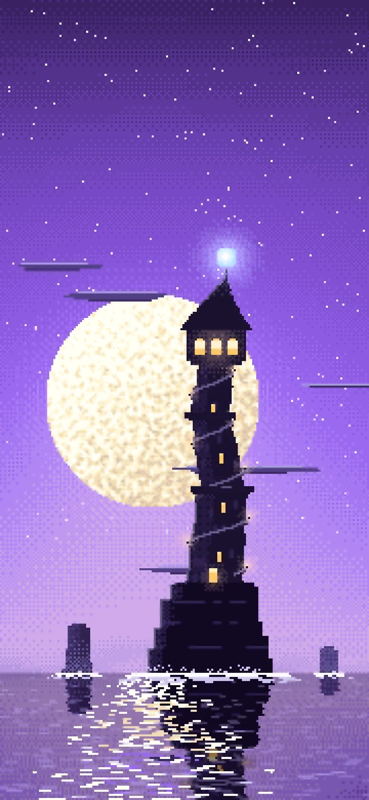 Purple Pixel Art Fantasy Wizard Tower at Night wallpaper for iPhone and Android