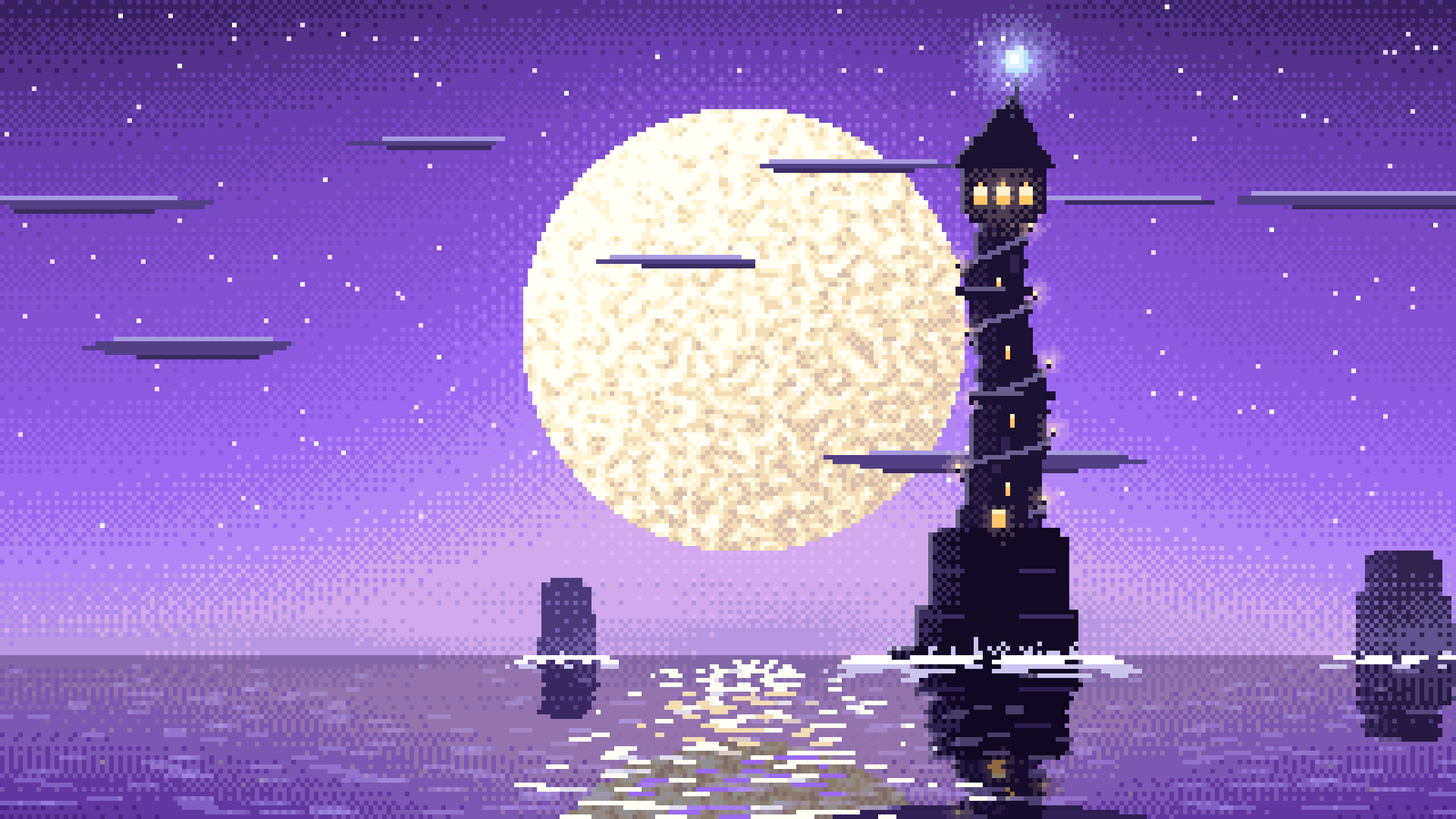 Purple Pixel Art Fantasy Wizard Tower at Night desktop wallpaper in 4K