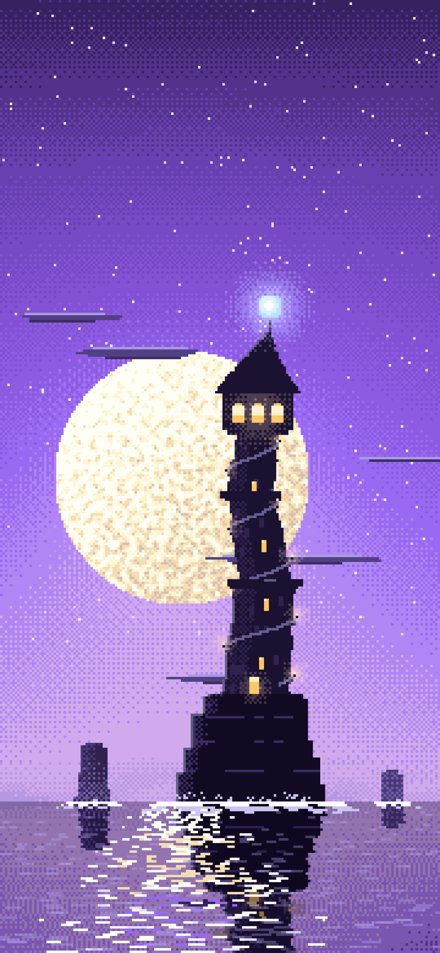 Purple Pixel Art Fantasy Wizard Tower at Night wallpaper for iPhone and Android
