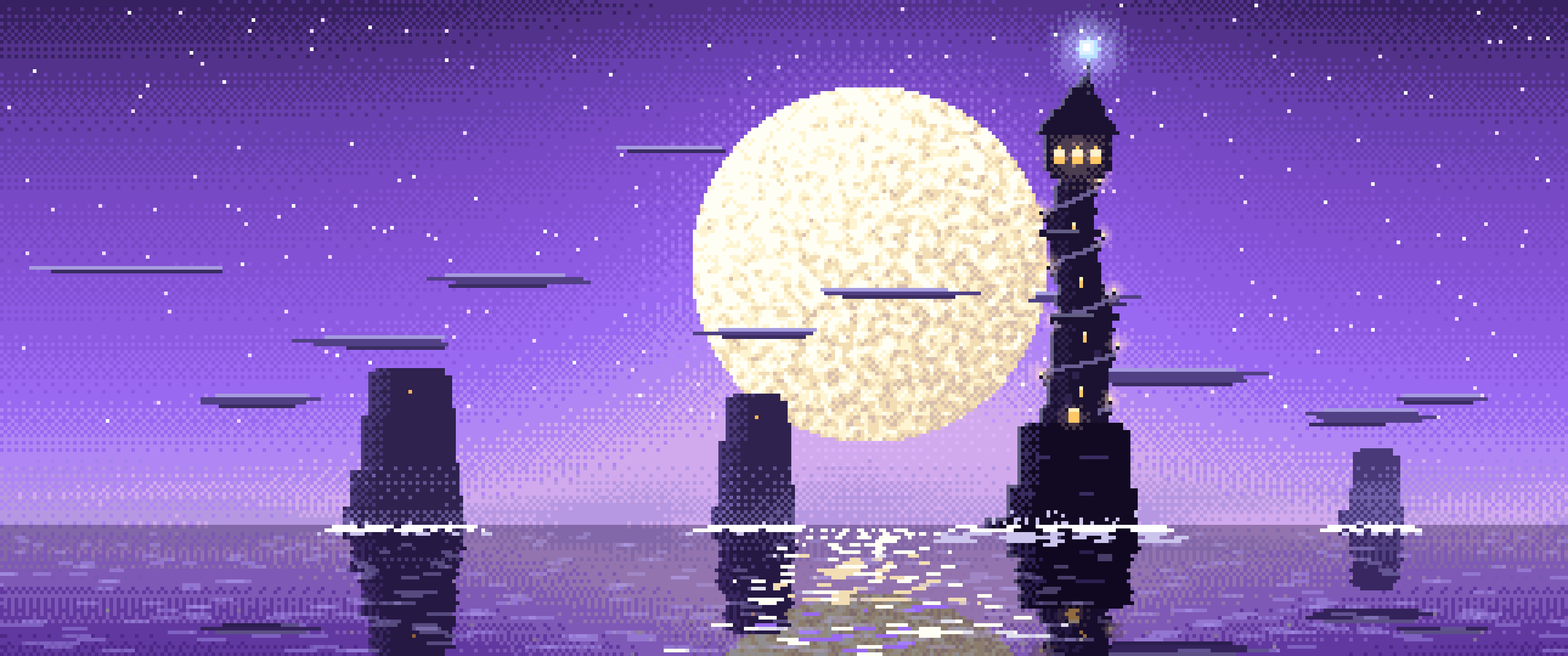 Purple Pixel Art Fantasy Wizard Tower at Night ultrawide wallpaper, 3440 × 1440