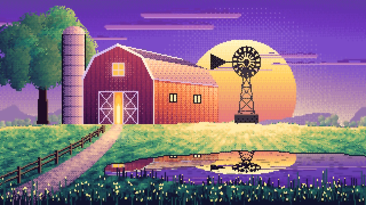 Purple Pixel Art Farm and Windmill at Sunset desktop wallpaper in 4K