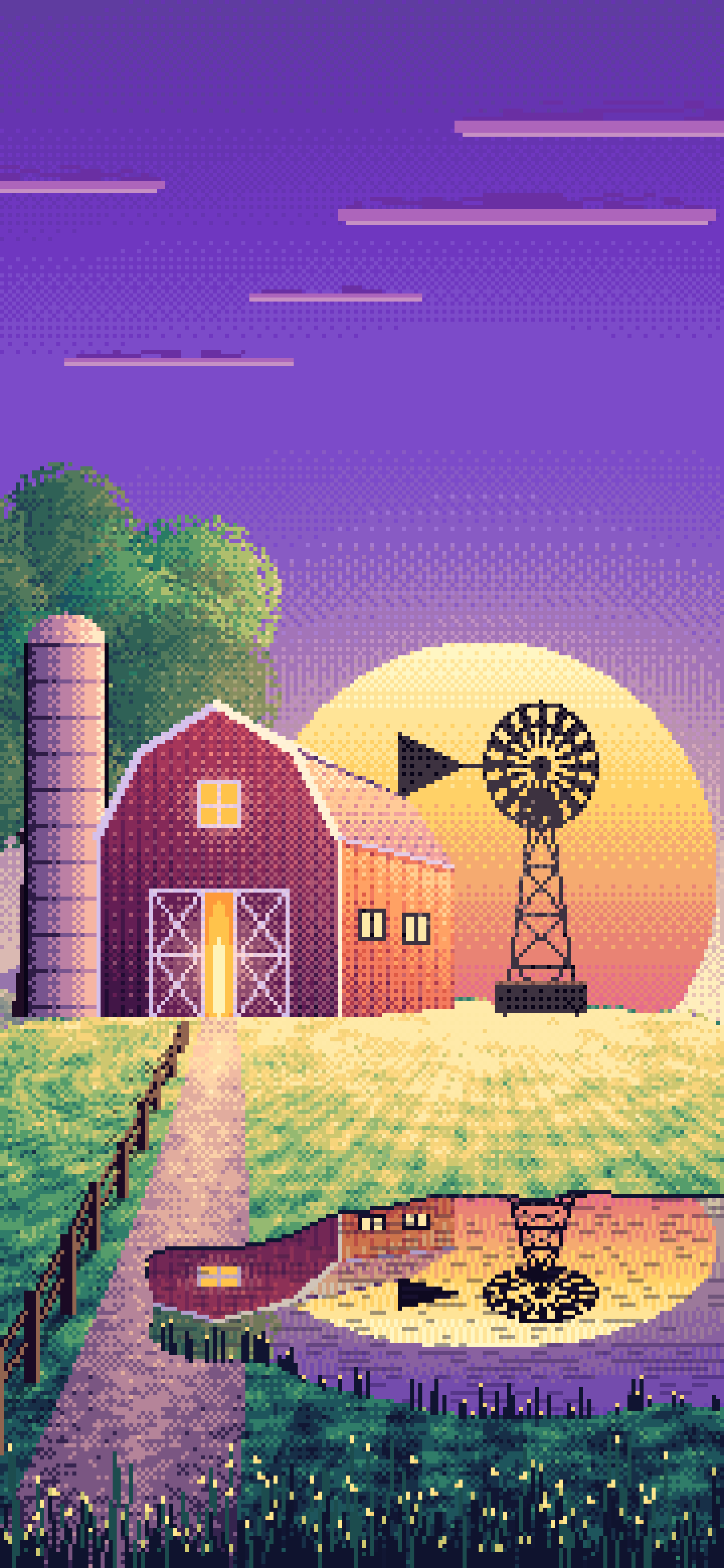 Purple Pixel Art Farm and Windmill at Sunset wallpaper for iPhone and Android
