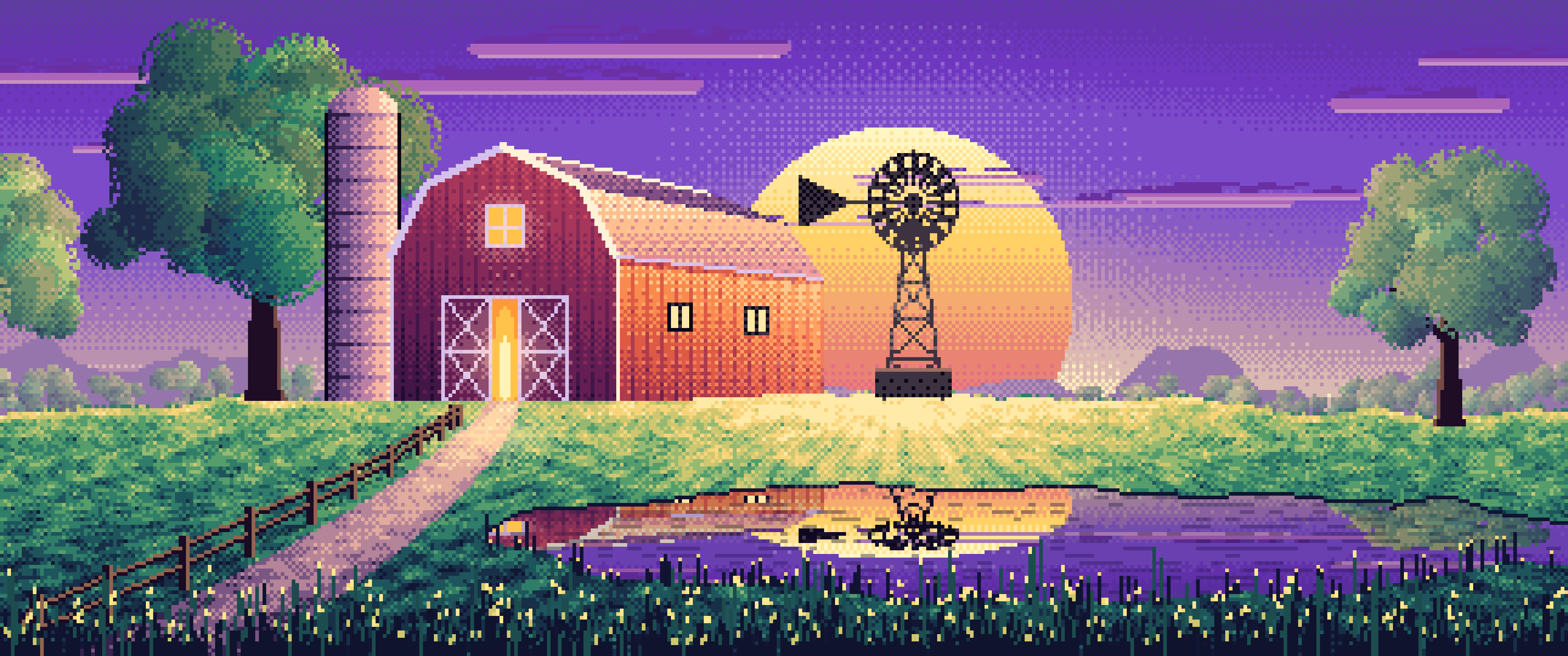 Purple Pixel Art Farm and Windmill at Sunset ultrawide wallpaper, 3440 × 1440