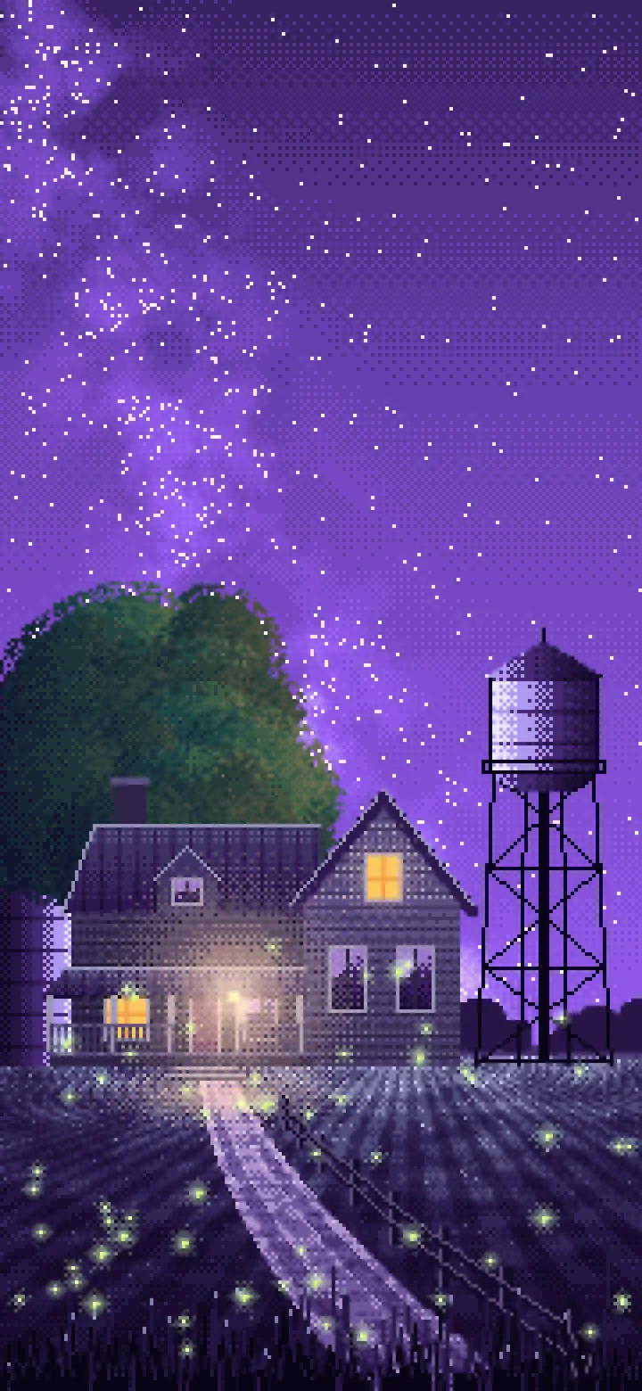 Purple Pixel Art Farmhouse Under the Stars wallpaper for iPhone and Android