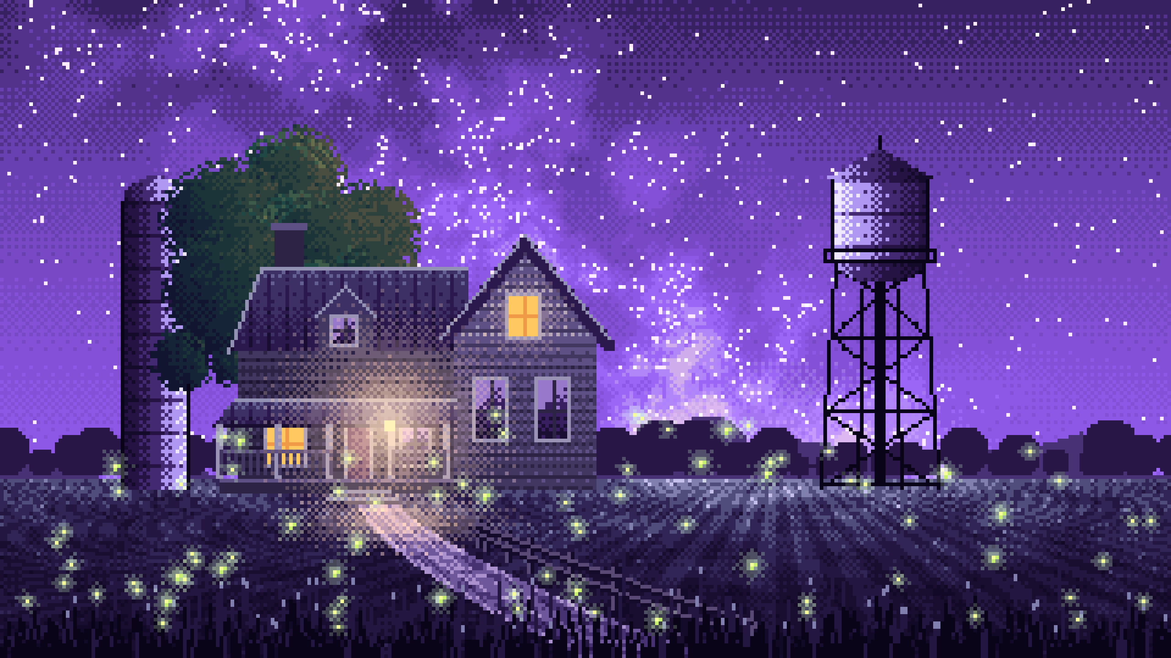 Purple Pixel Art Farmhouse Under the Stars desktop wallpaper in 4K