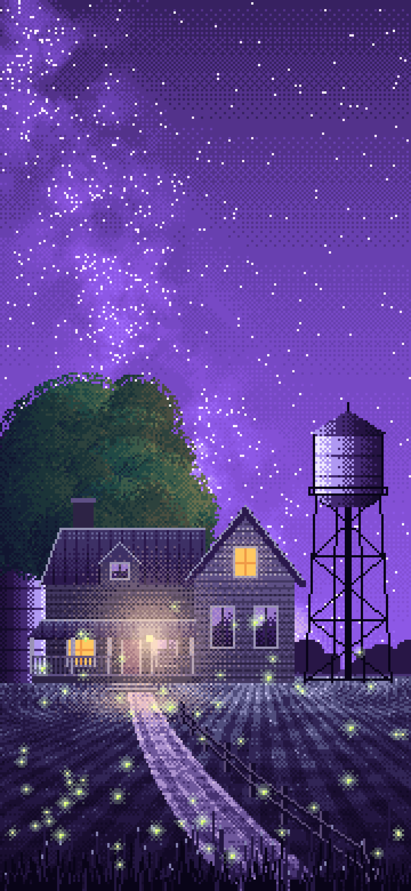 Purple Pixel Art Farmhouse Under the Stars wallpaper for iPhone and Android