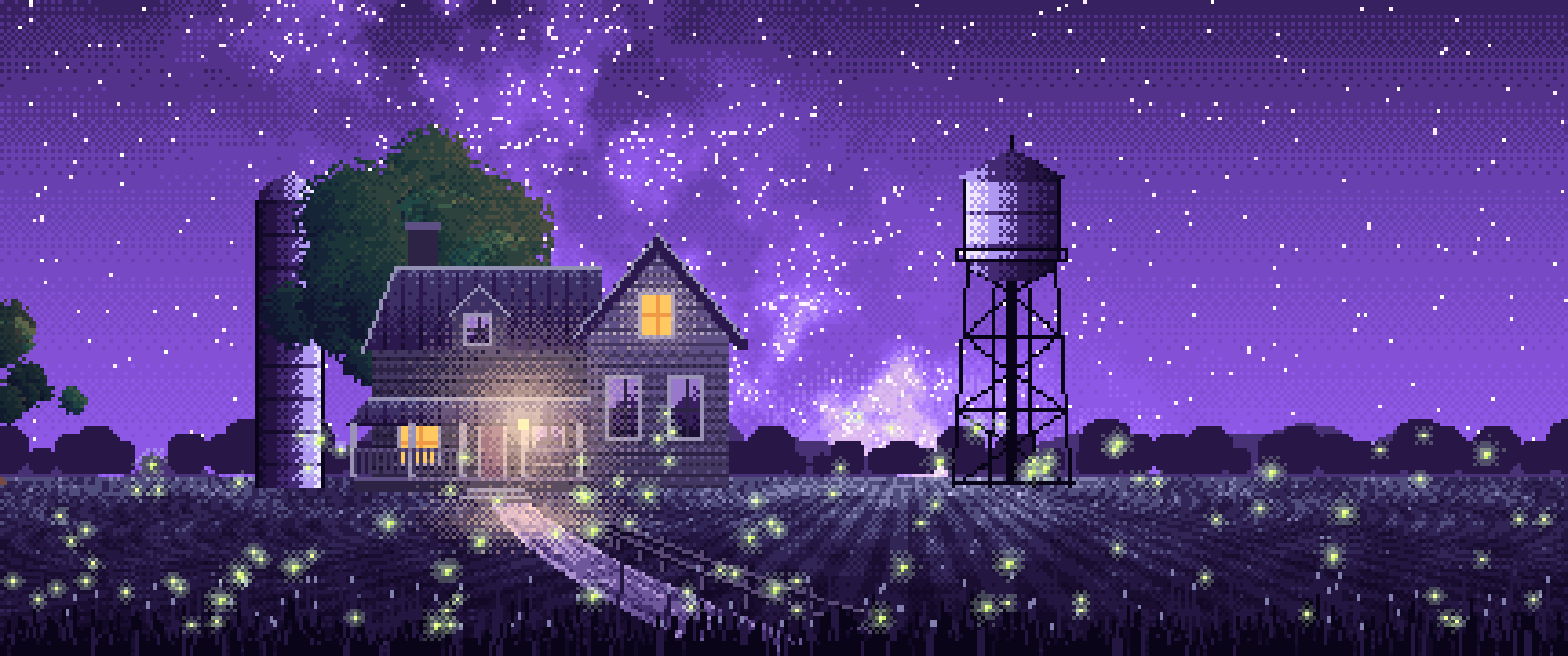 Purple Pixel Art Farmhouse Under the Stars ultrawide wallpaper, 3440 × 1440