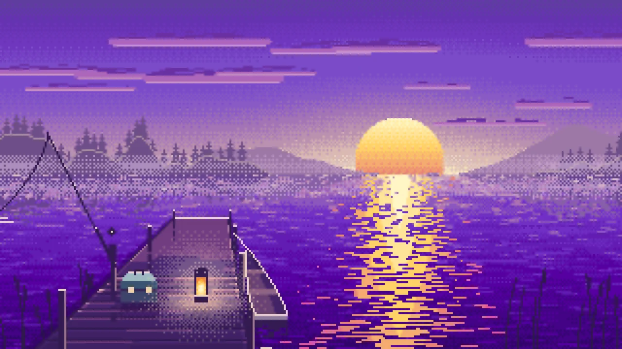 Purple Pixel Art Fishing Dock at Sunrise desktop wallpaper in 4K