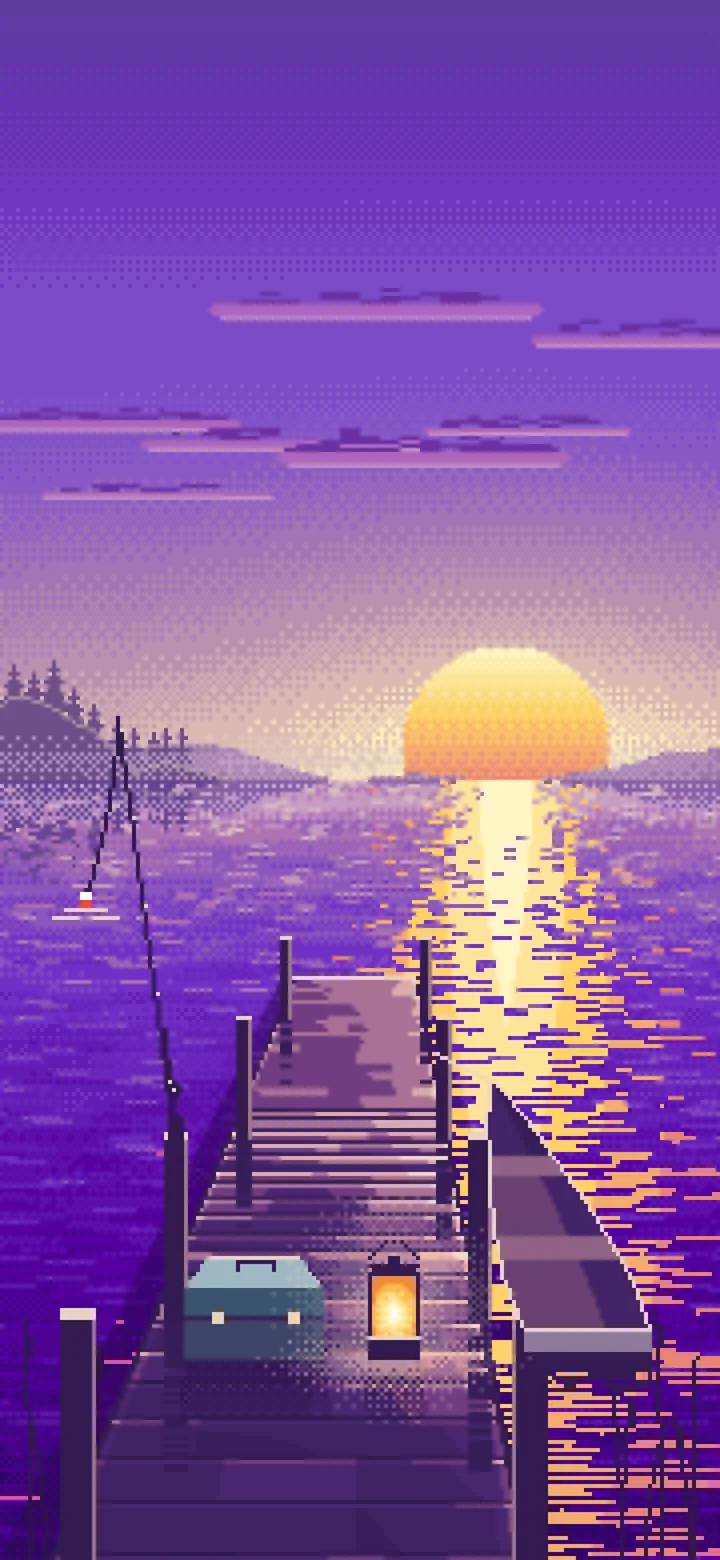 Purple Pixel Art Fishing Dock at Sunrise wallpaper for iPhone and Android