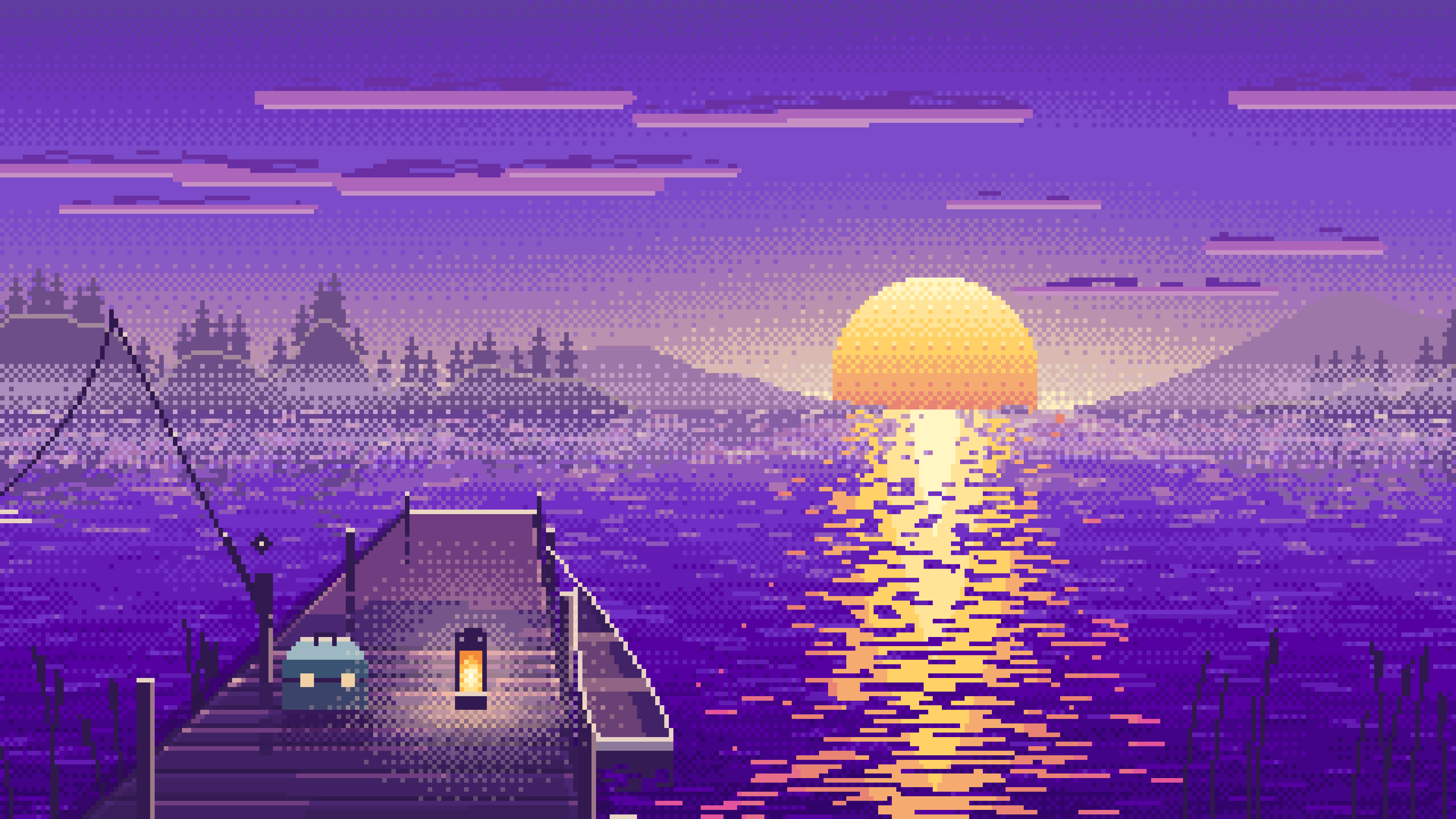Purple Pixel Art Fishing Dock at Sunrise desktop wallpaper in 4K