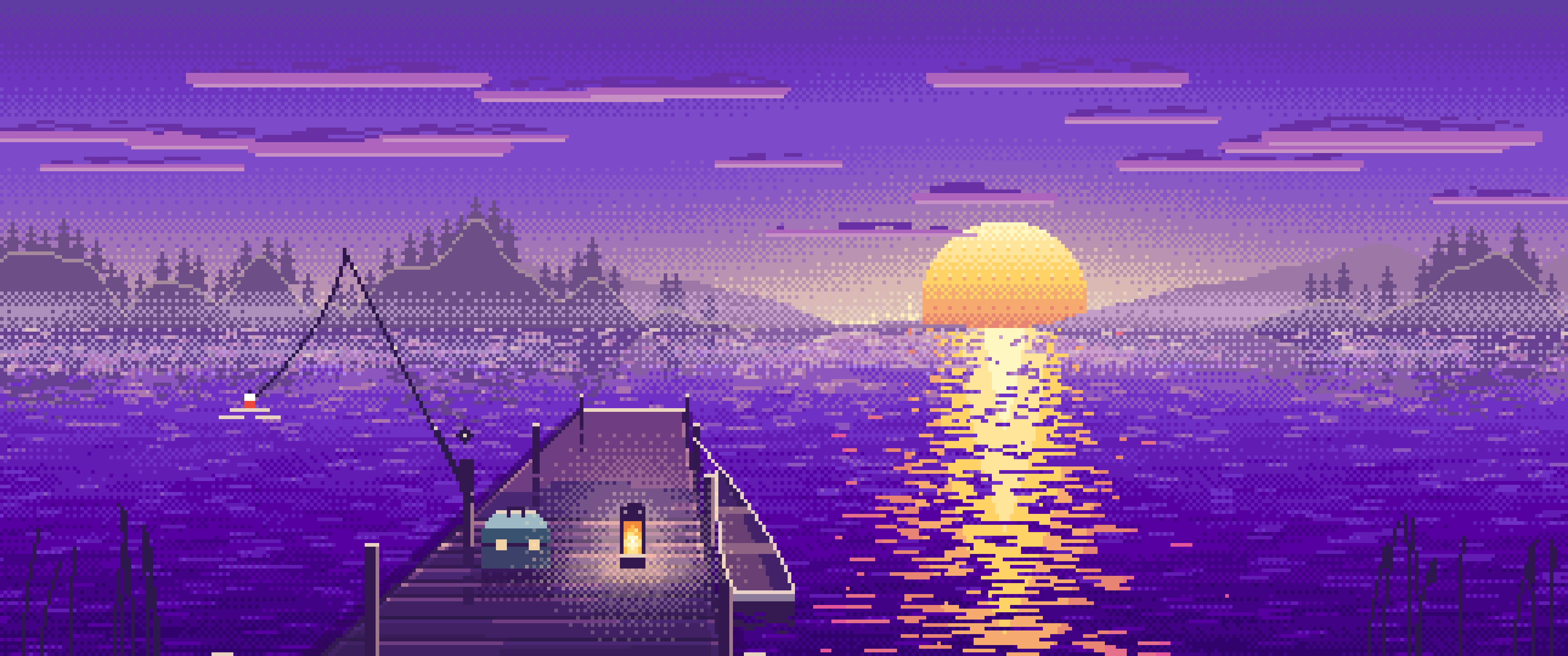 Purple Pixel Art Fishing Dock at Sunrise ultrawide wallpaper, 3440 × 1440