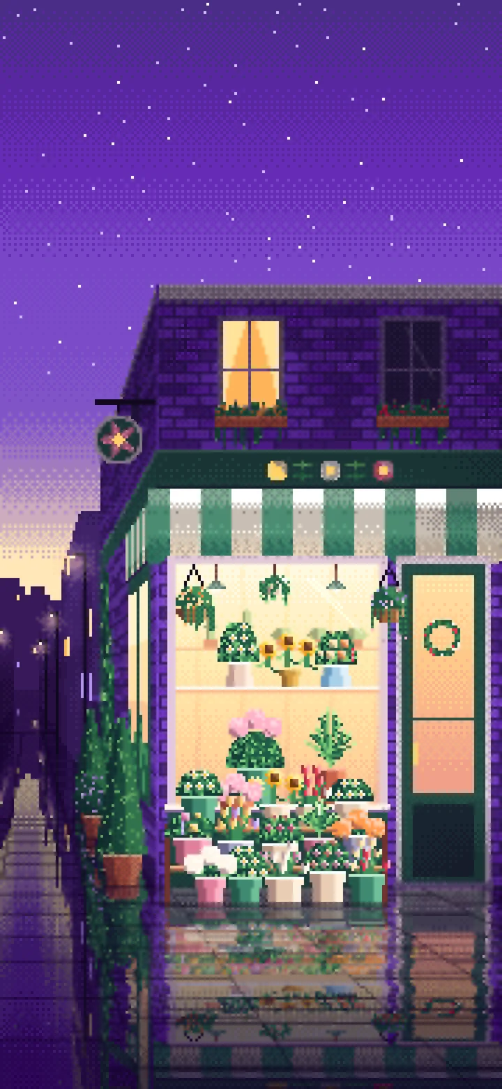 Purple Pixel Art Flower Shop wallpaper for iPhone and Android