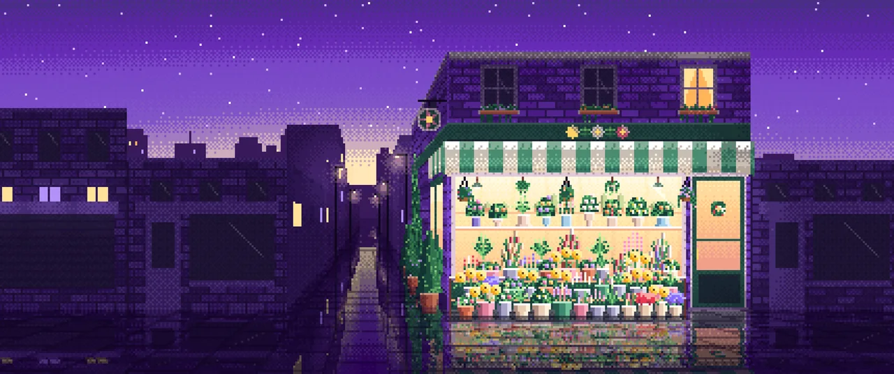 Purple Pixel Art Flower Shop ultrawide wallpaper, 3440 × 1440