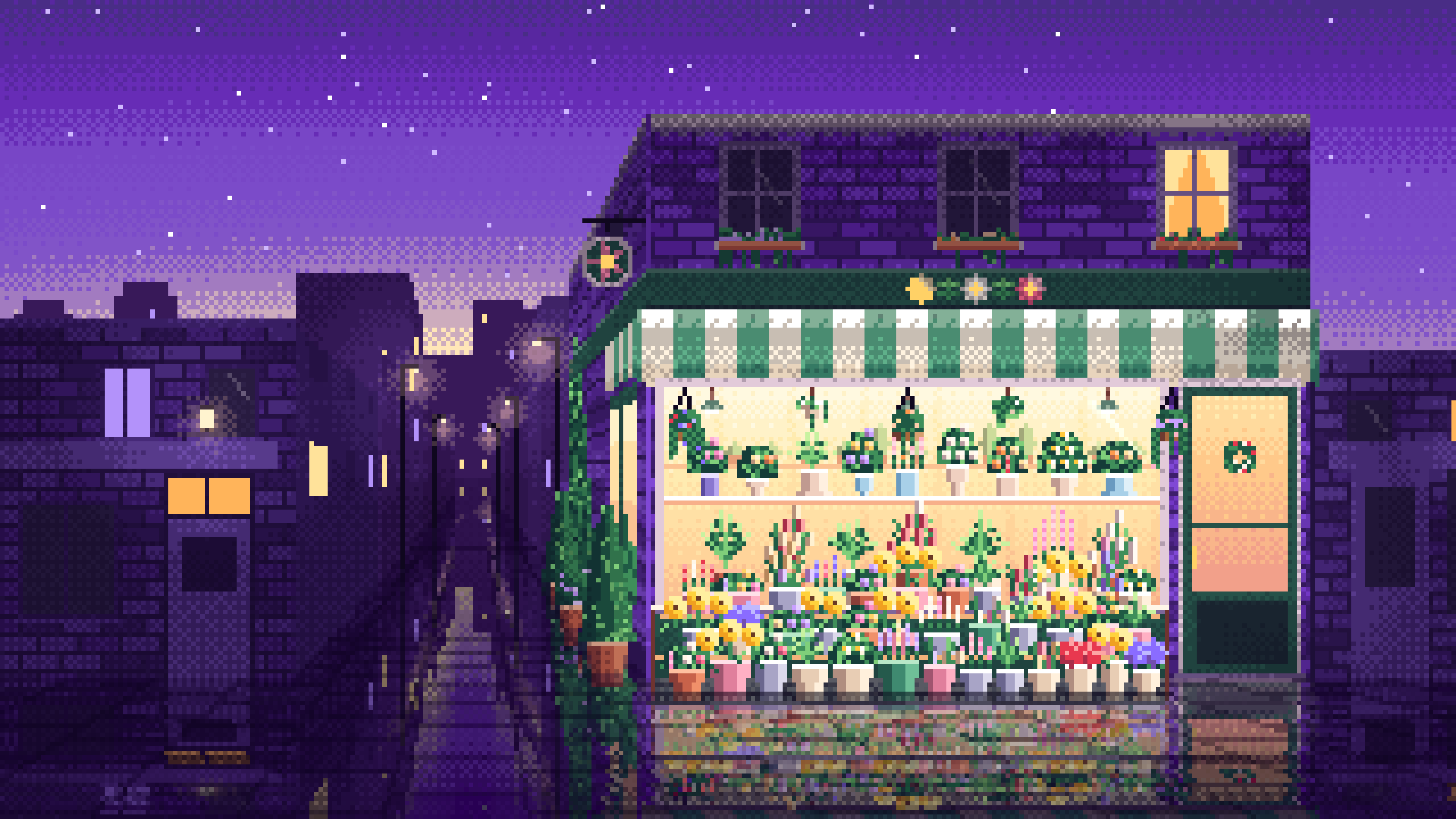 Purple Pixel Art Flower Shop desktop wallpaper in 4K
