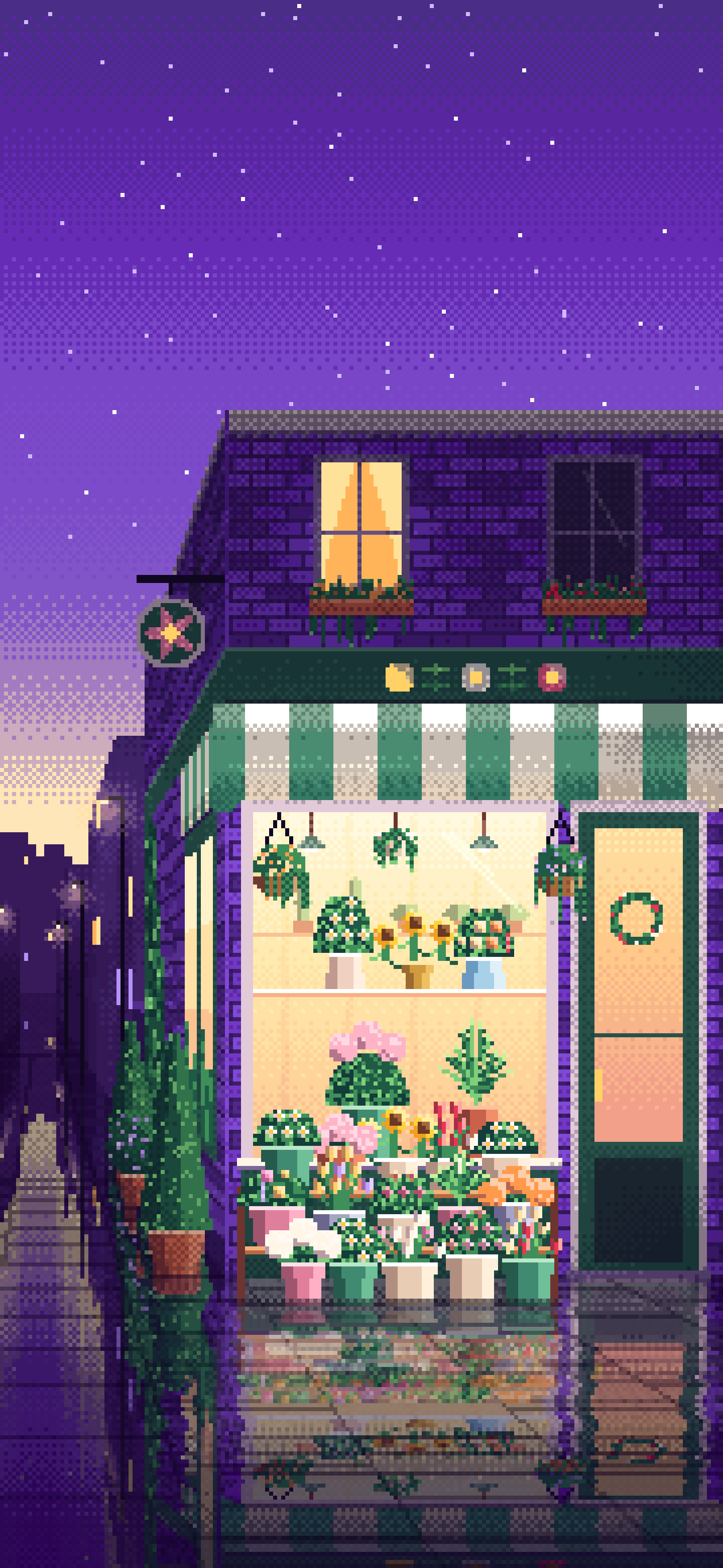 Purple Pixel Art Flower Shop wallpaper for iPhone and Android