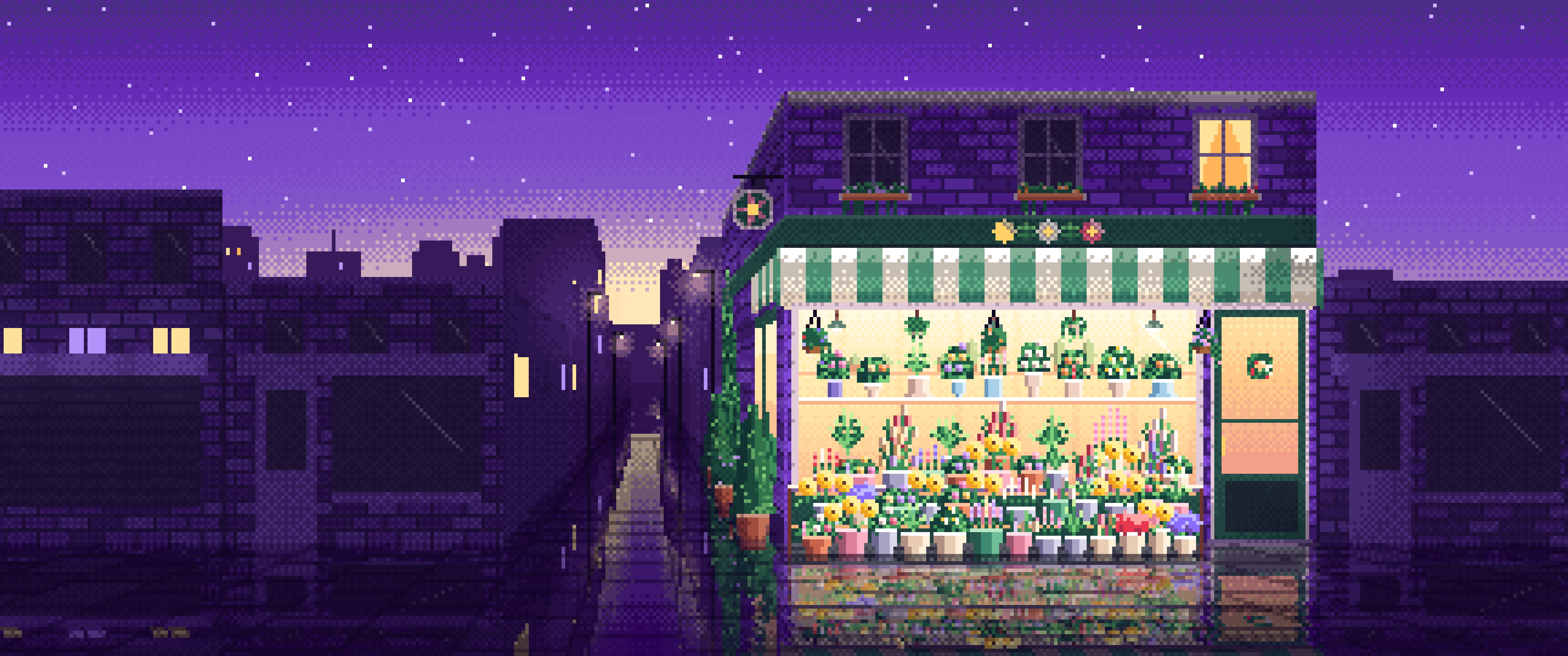 Purple Pixel Art Flower Shop ultrawide wallpaper, 3440 × 1440