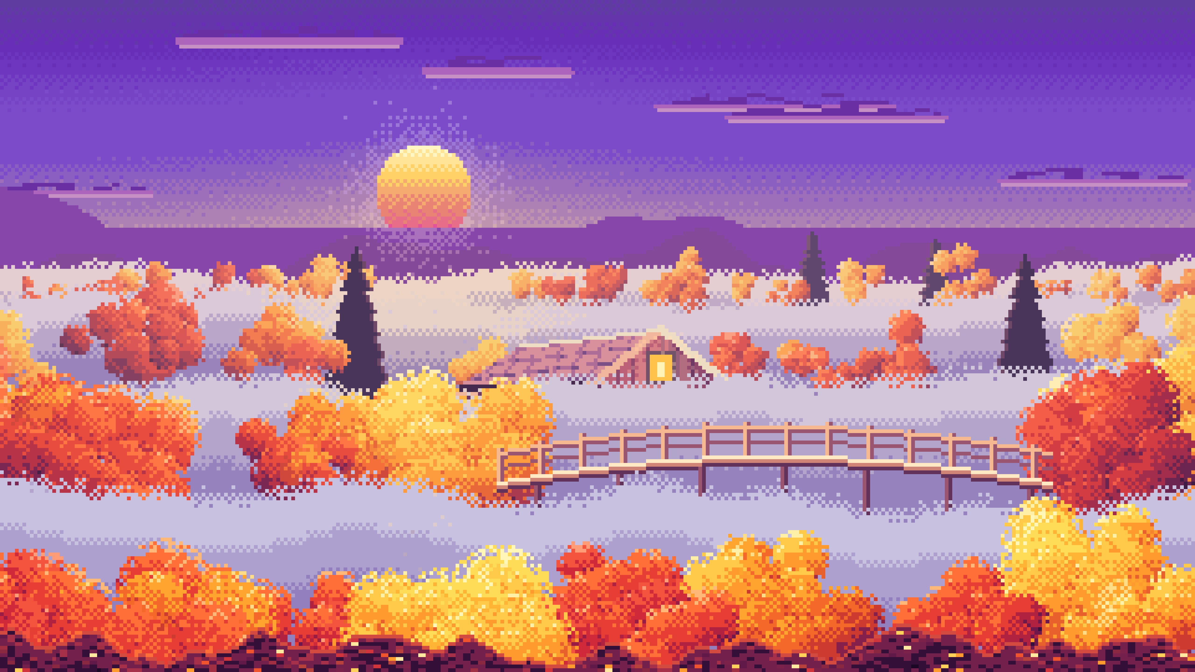 Purple Pixel Art Foggy Fall Valley desktop wallpaper in 4K