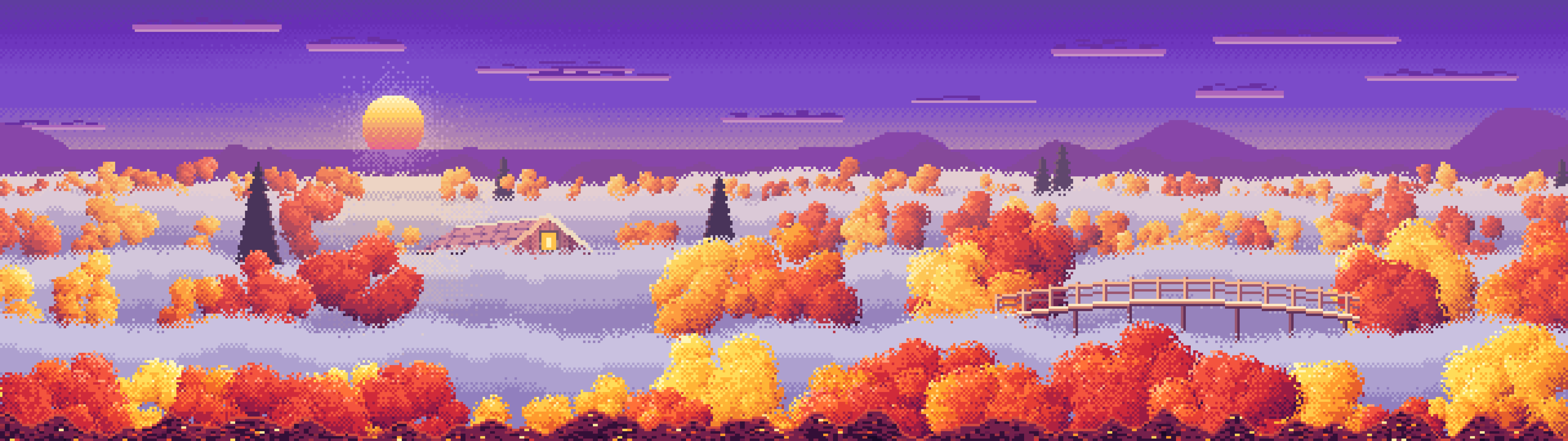 Purple Pixel Art Foggy Fall Valley dual monitor wallpaper, 7680 × 2160