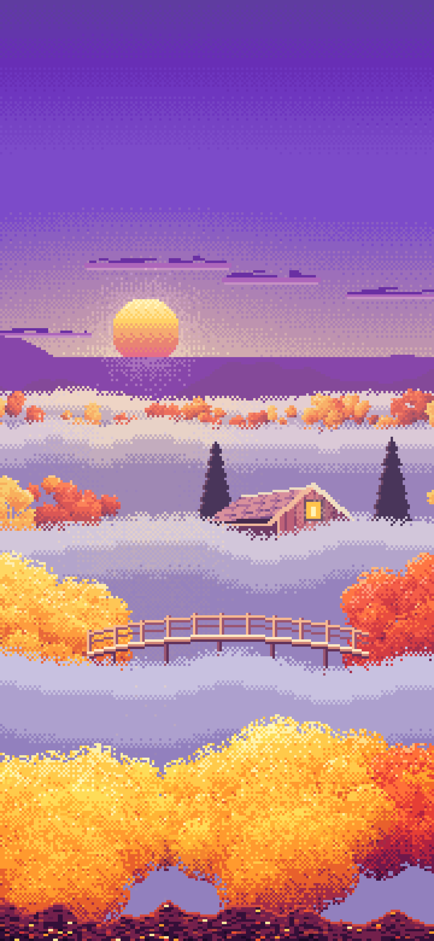 Purple Pixel Art Foggy Fall Valley wallpaper for iPhone and Android