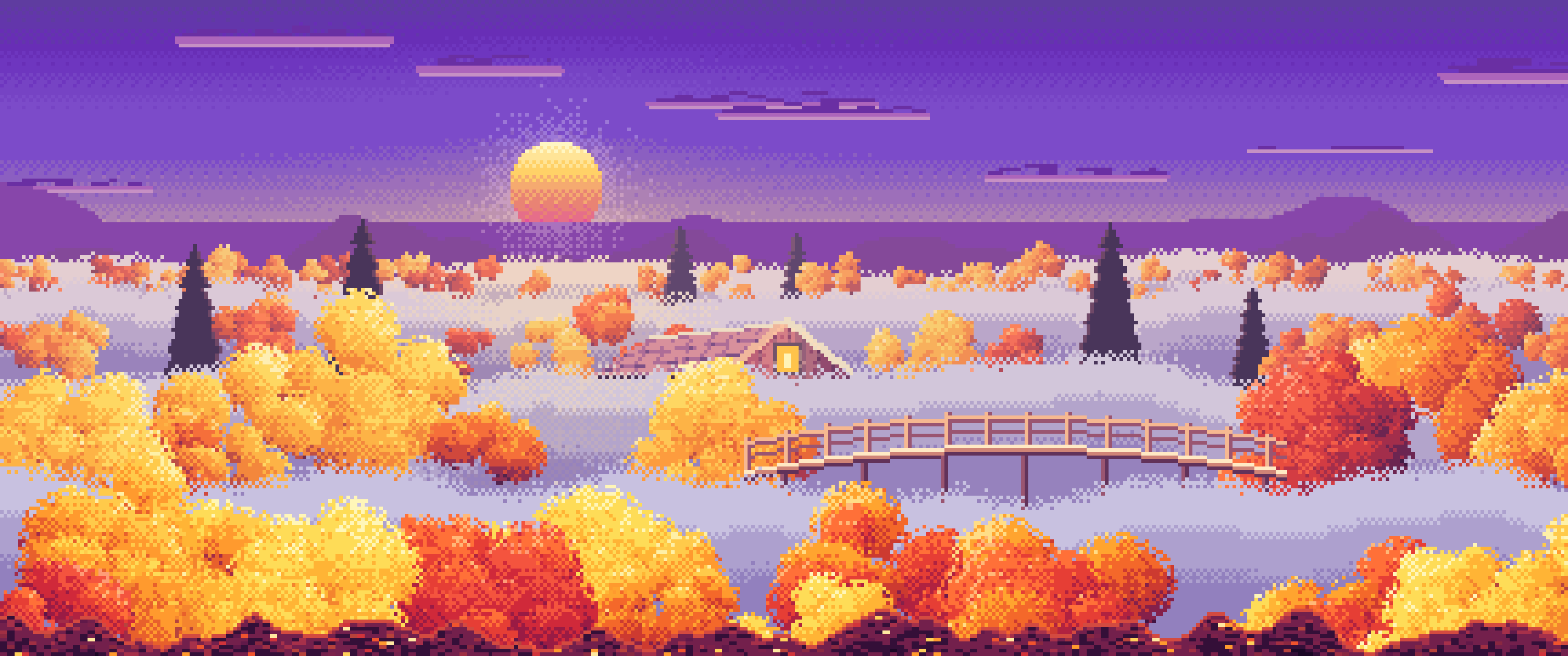 Purple Pixel Art Foggy Fall Valley ultrawide wallpaper, 3440 × 1440