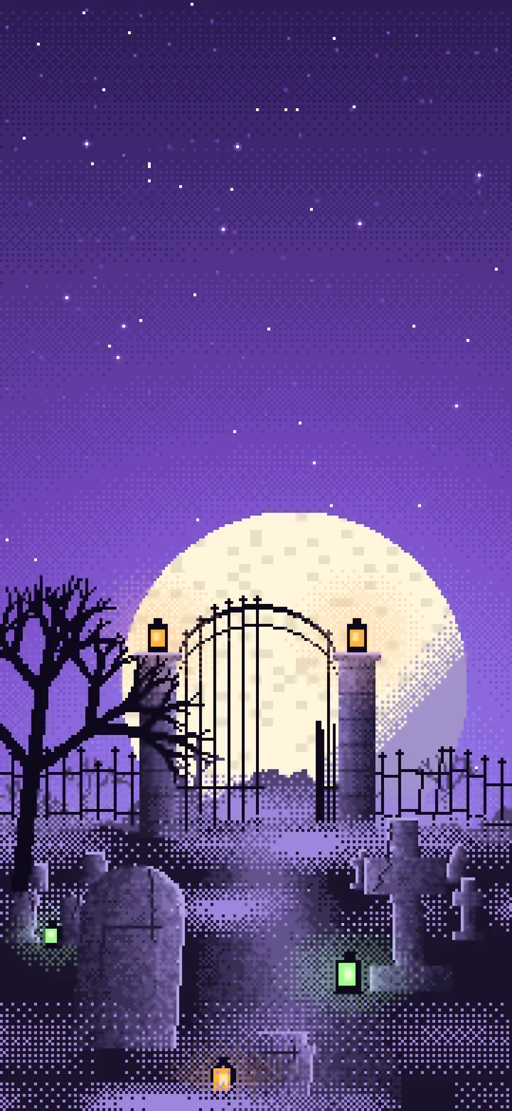 Purple Pixel Art Foggy Graveyard at Night wallpaper for iPhone and Android
