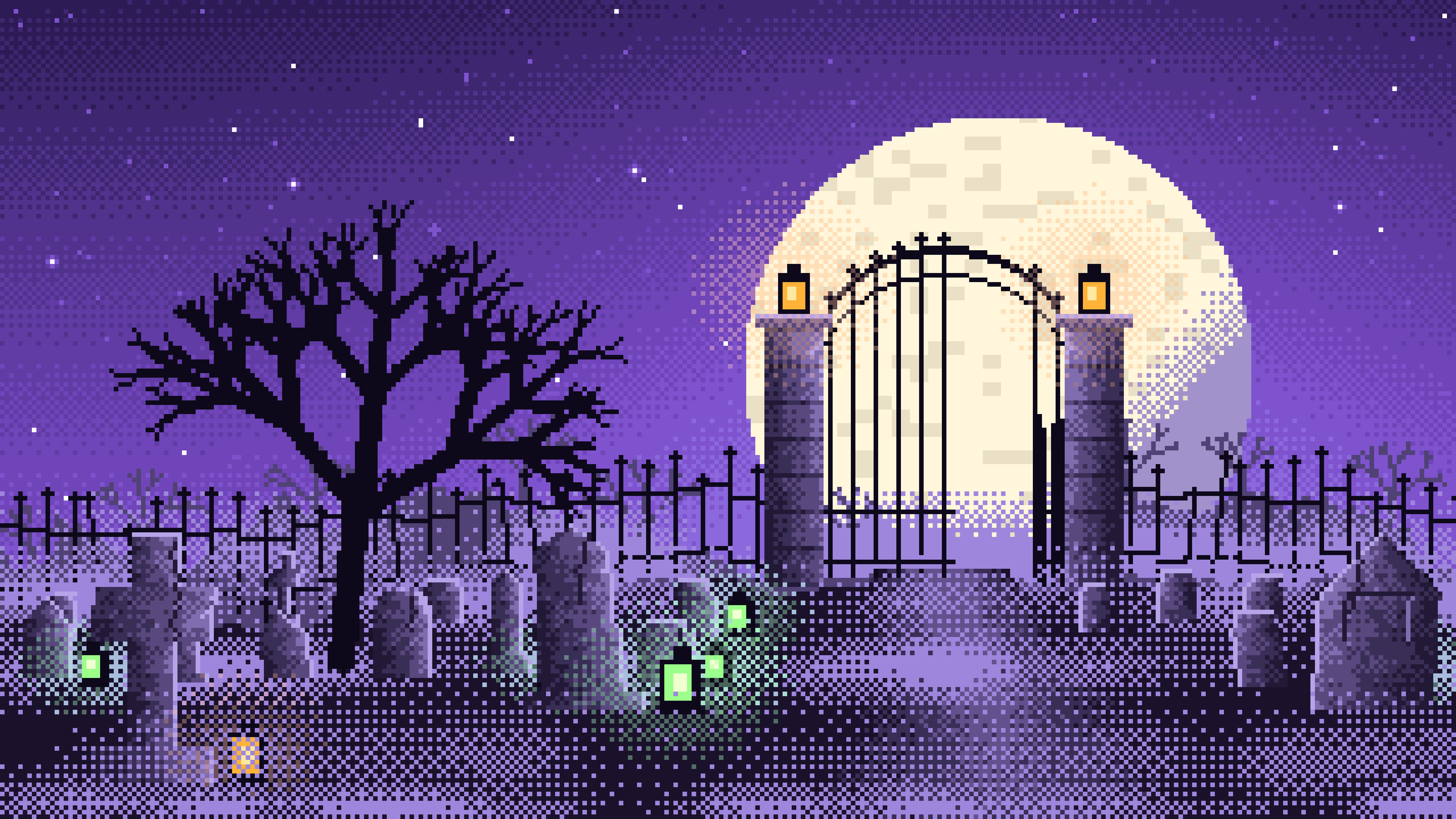 Purple Pixel Art Foggy Graveyard at Night desktop wallpaper in 4K