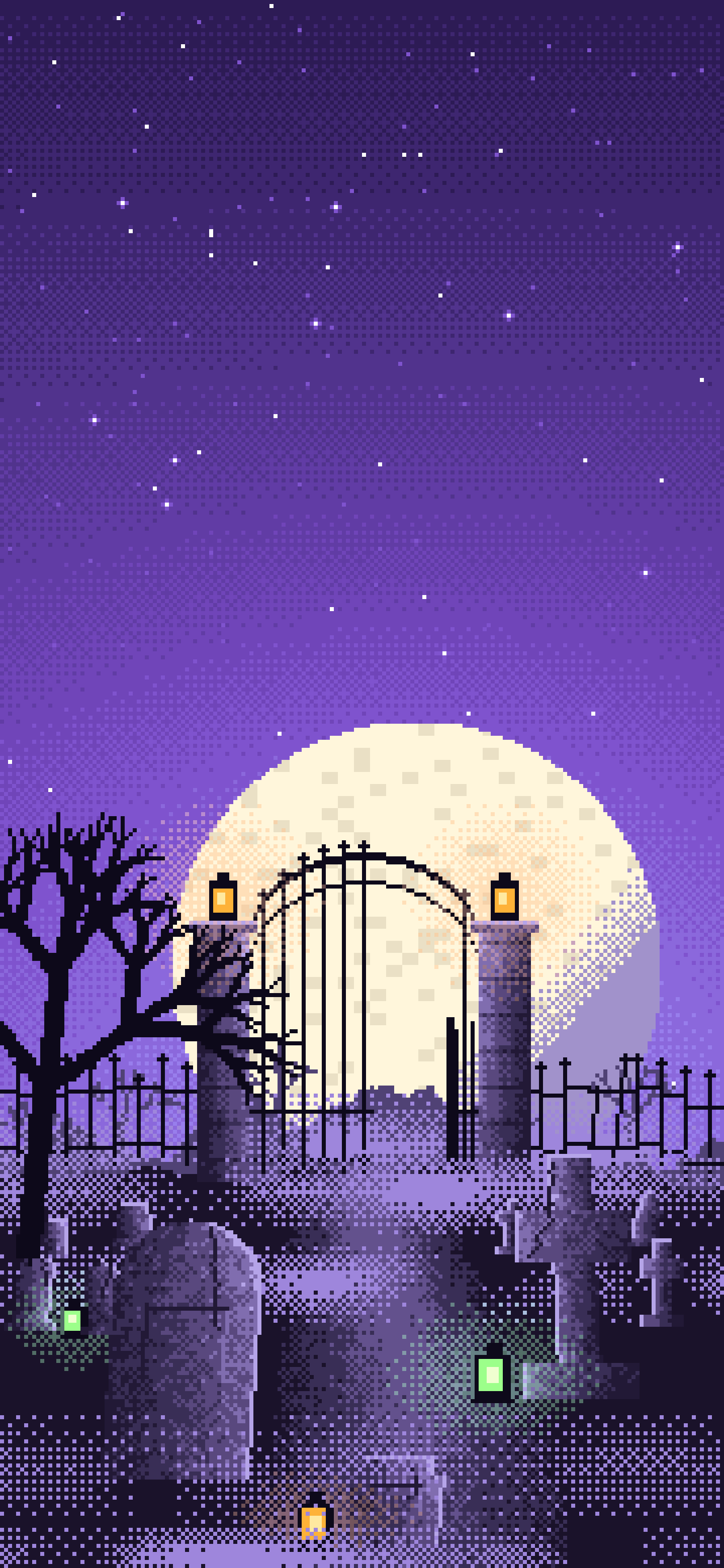 Purple Pixel Art Foggy Graveyard at Night wallpaper for iPhone and Android