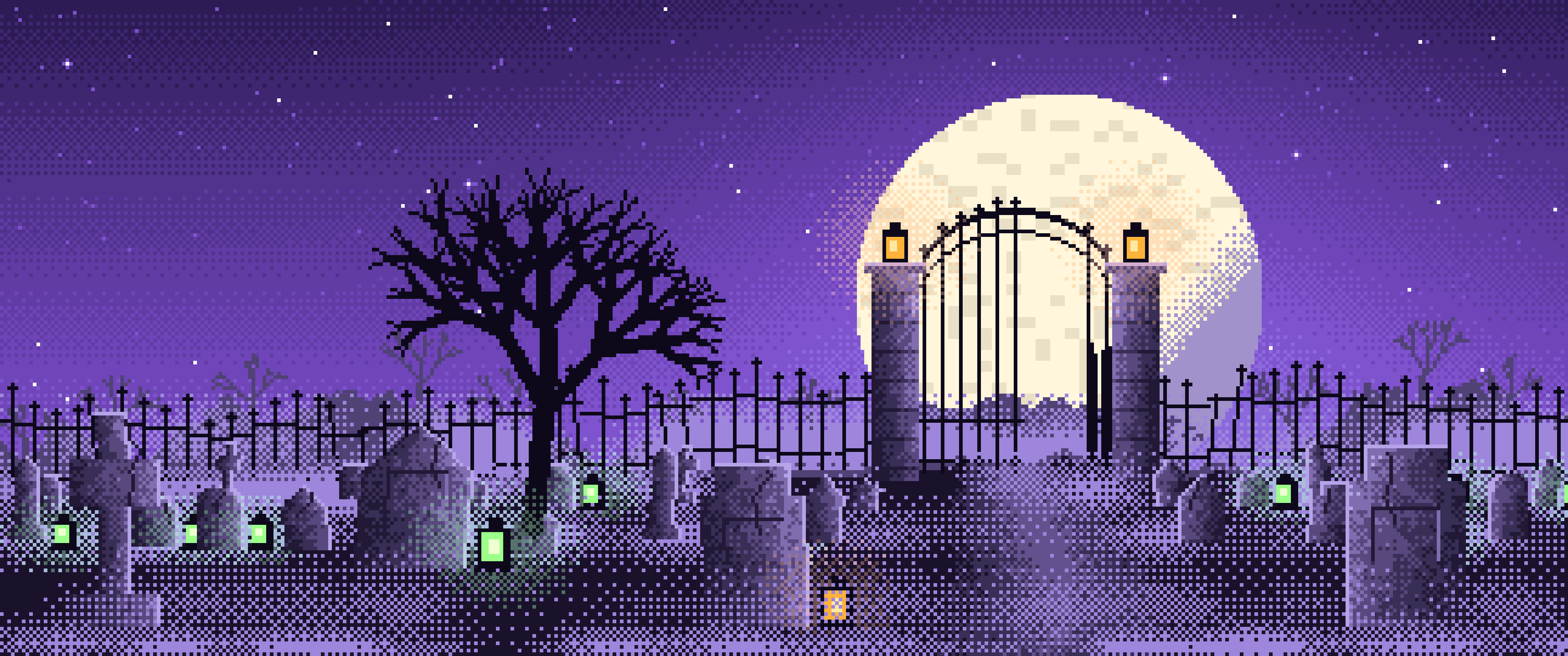 Purple Pixel Art Foggy Graveyard at Night ultrawide wallpaper, 3440 × 1440