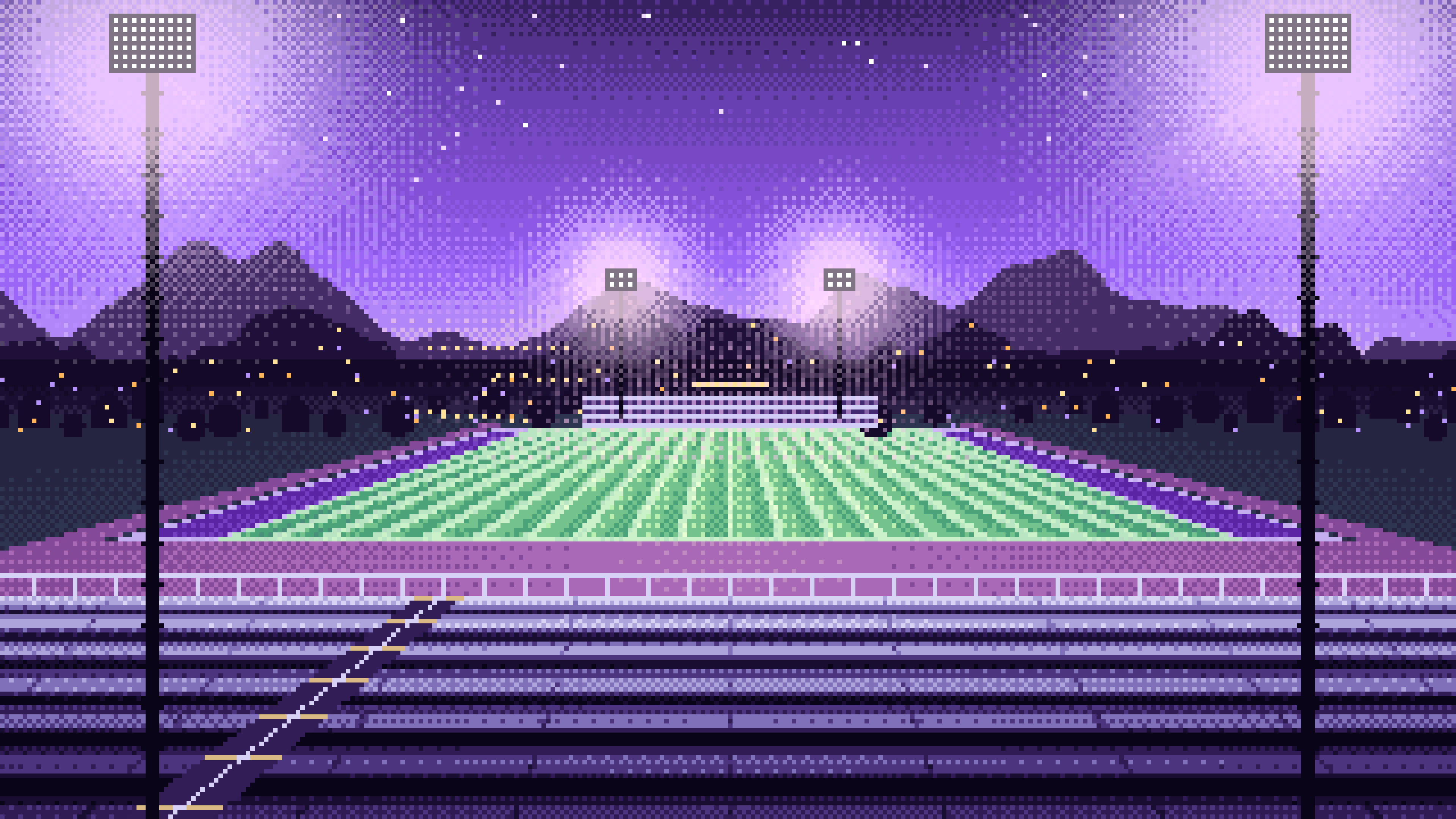 Purple Pixel Art Football Stadium at Night desktop wallpaper in 4K
