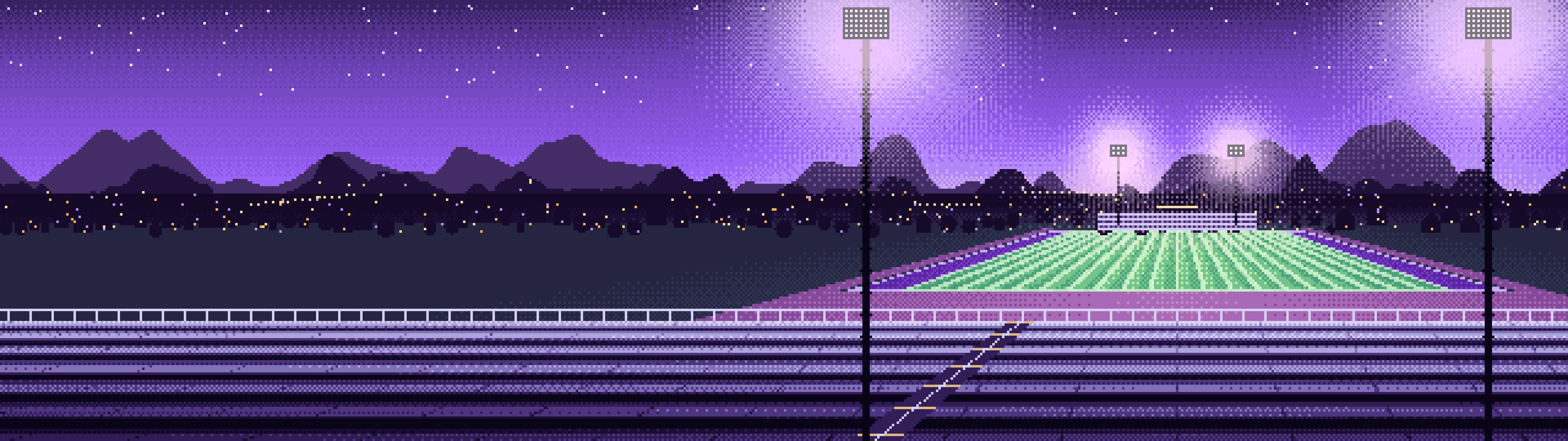 Purple Pixel Art Football Stadium at Night dual monitor wallpaper, 7680 × 2160