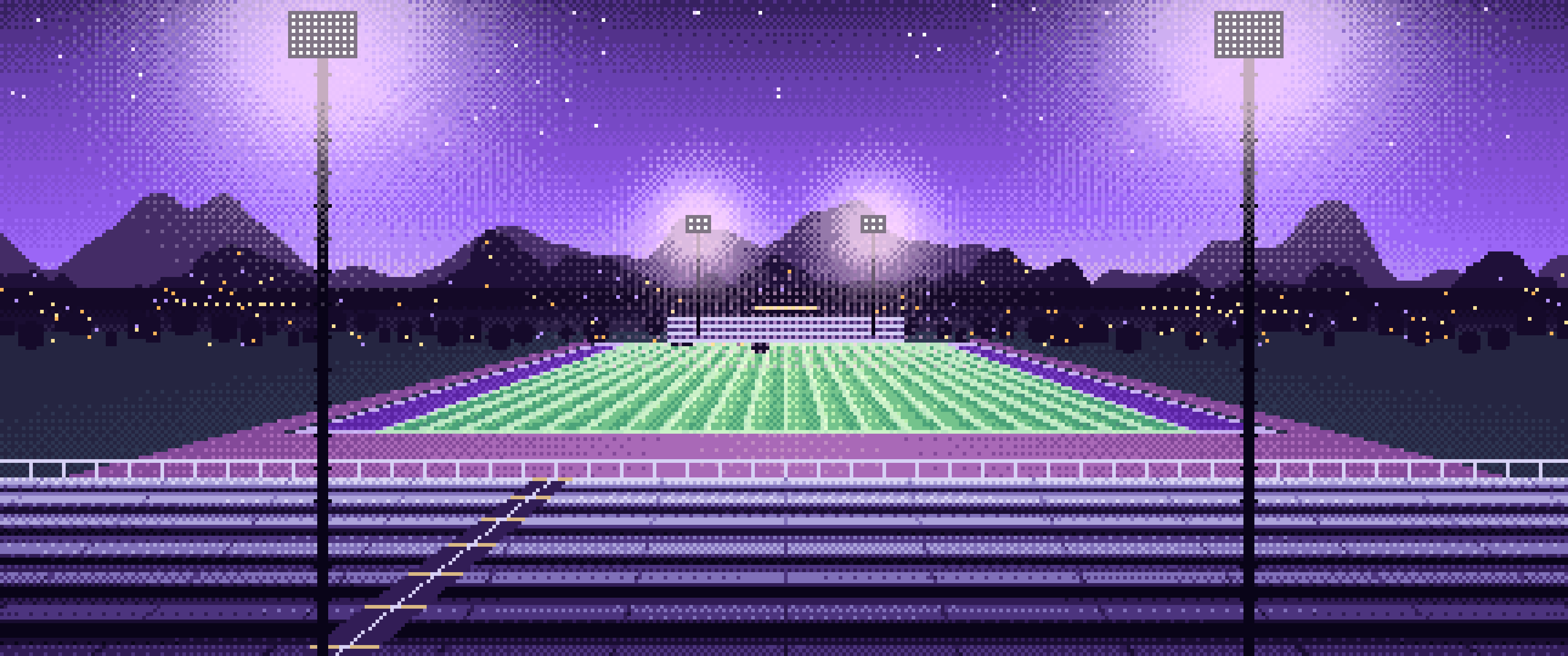 Purple Pixel Art Football Stadium at Night ultrawide wallpaper, 3440 × 1440