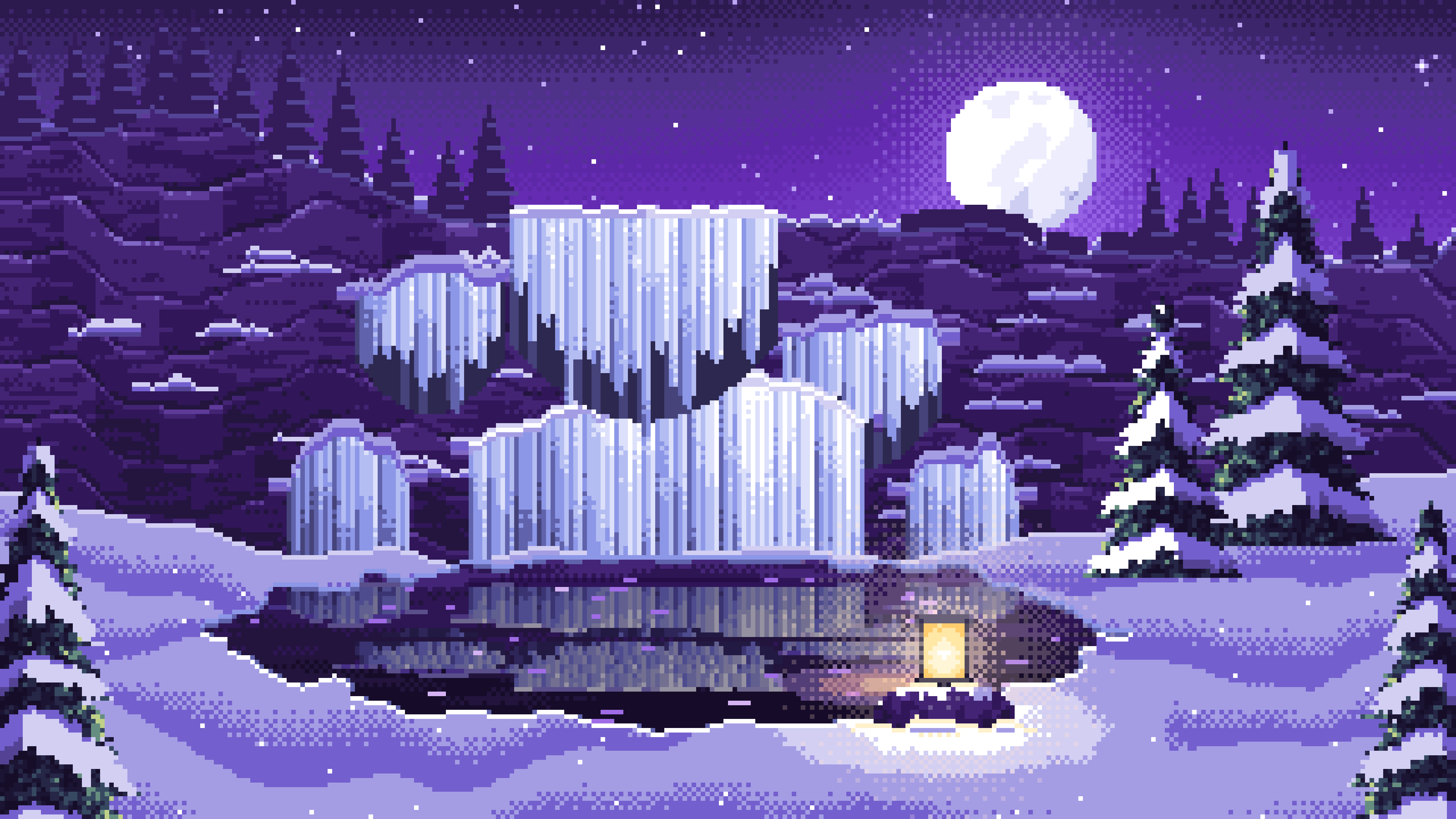 Purple Pixel Art Frozen Waterfall in Moonlight desktop wallpaper in 4K