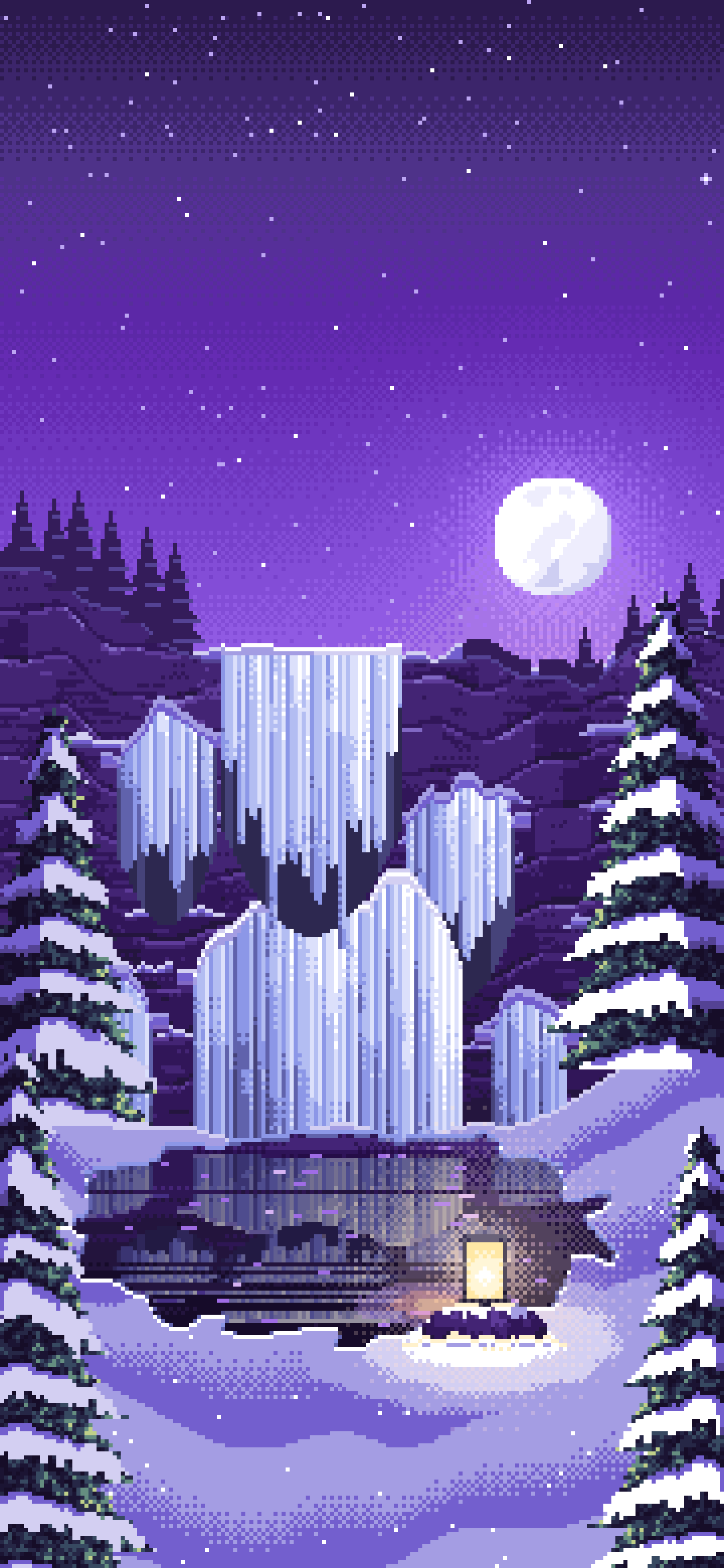 Purple Pixel Art Frozen Waterfall in Moonlight wallpaper for iPhone and Android