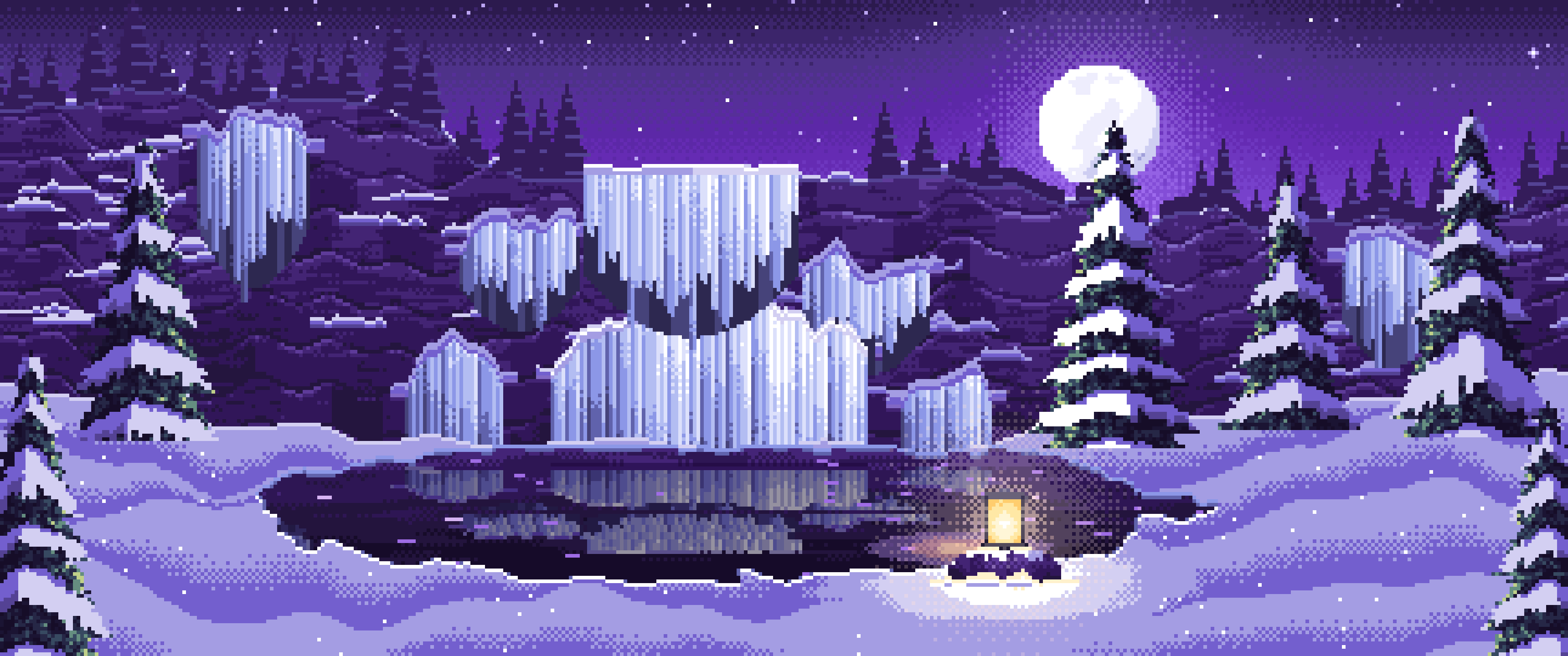 Purple Pixel Art Frozen Waterfall in Moonlight ultrawide wallpaper, 3440 × 1440