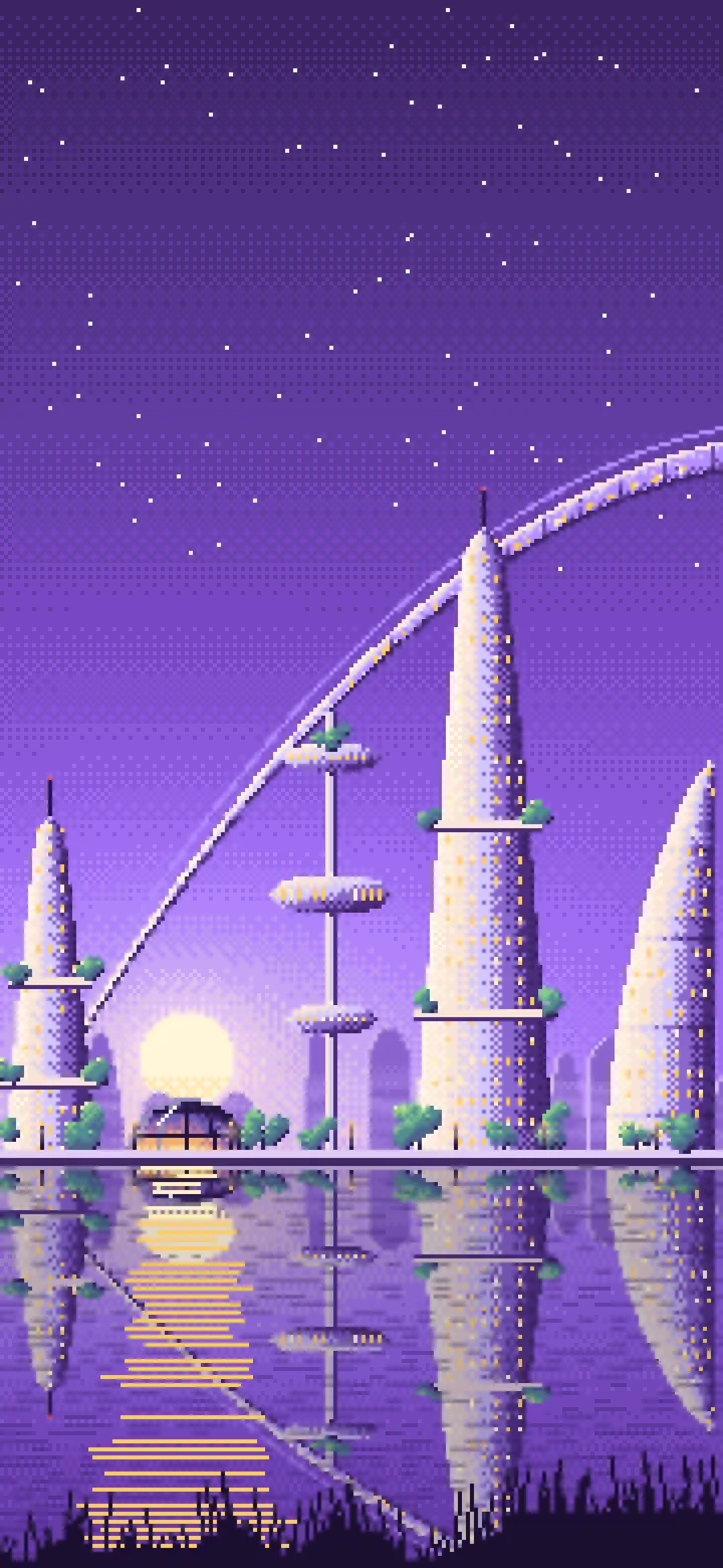 Purple Pixel Art Futuristic Skyline Under an Orbital Ring wallpaper for iPhone and Android