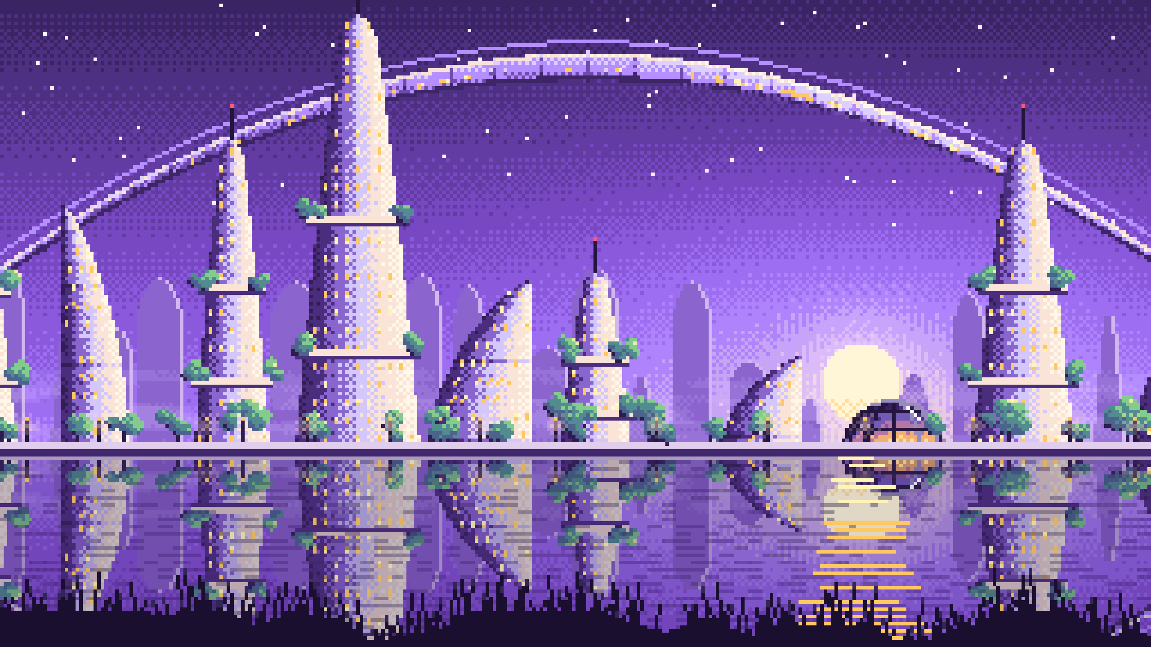 Purple Pixel Art Futuristic Skyline Under an Orbital Ring desktop wallpaper in 4K