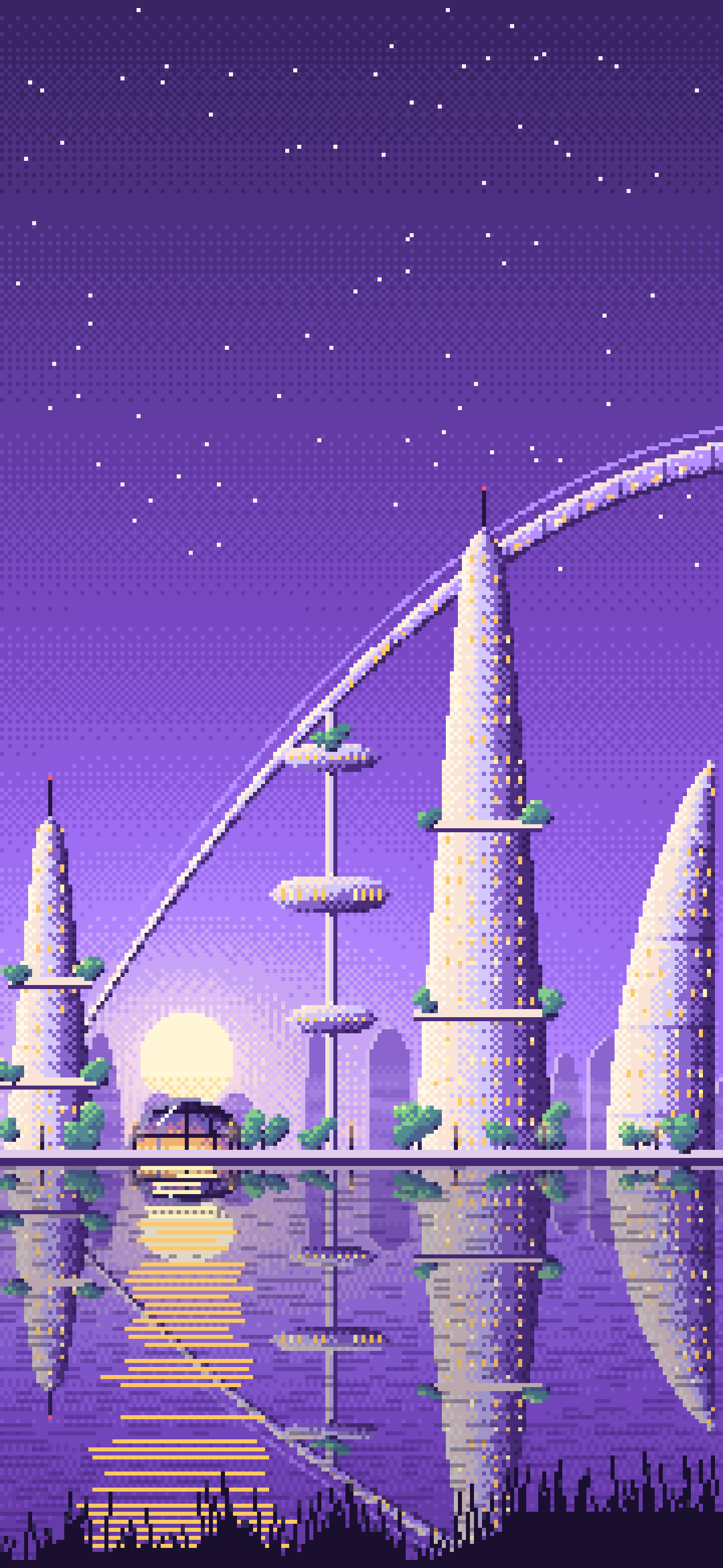 Purple Pixel Art Futuristic Skyline Under an Orbital Ring wallpaper for iPhone and Android