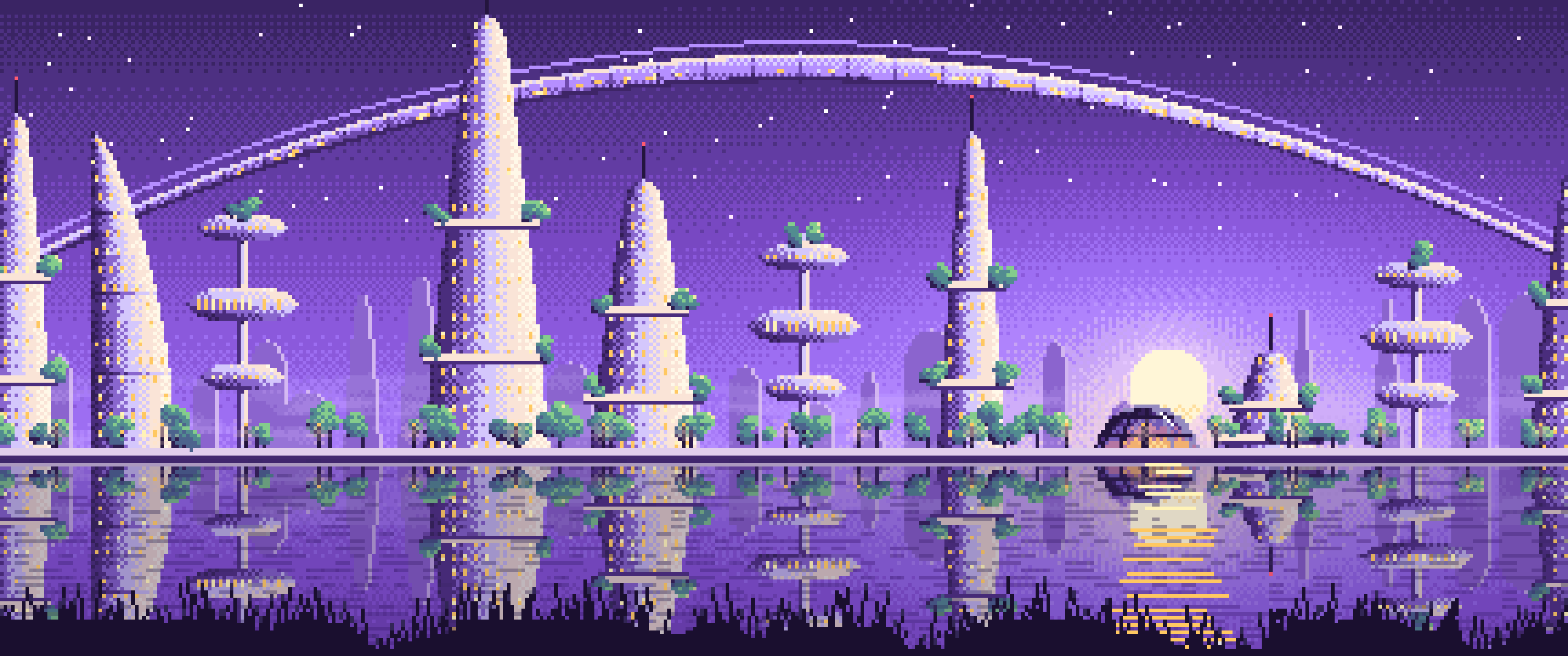 Purple Pixel Art Futuristic Skyline Under an Orbital Ring ultrawide wallpaper, 3440 × 1440