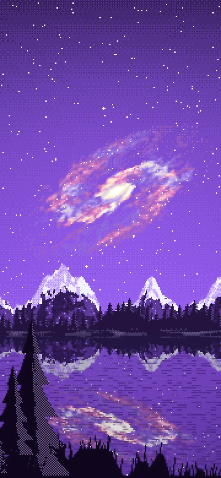 Purple Pixel Art Galaxy Over a Mountain Lake wallpaper for iPhone and Android