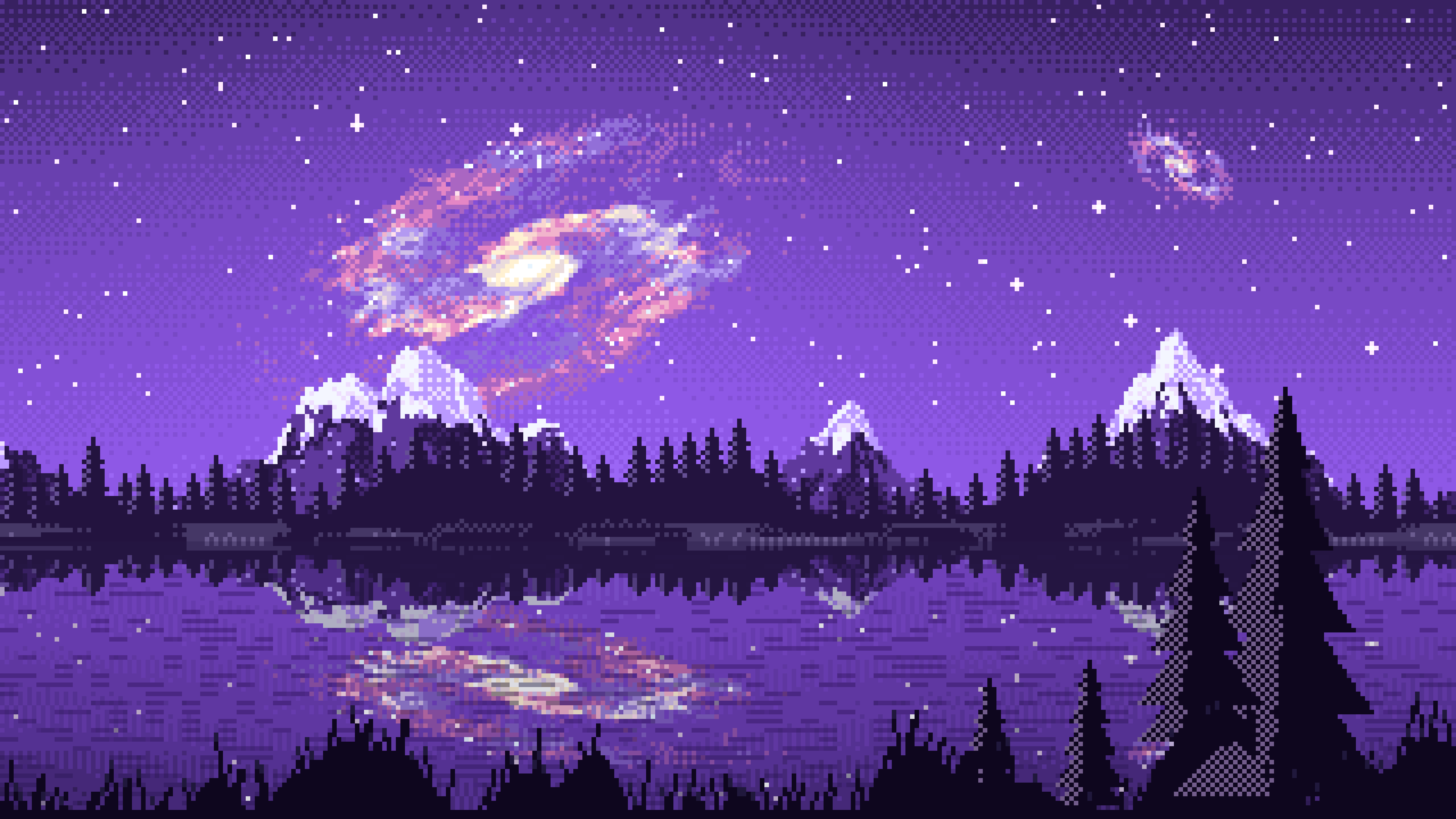 Purple Pixel Art Galaxy Over a Mountain Lake desktop wallpaper in 4K