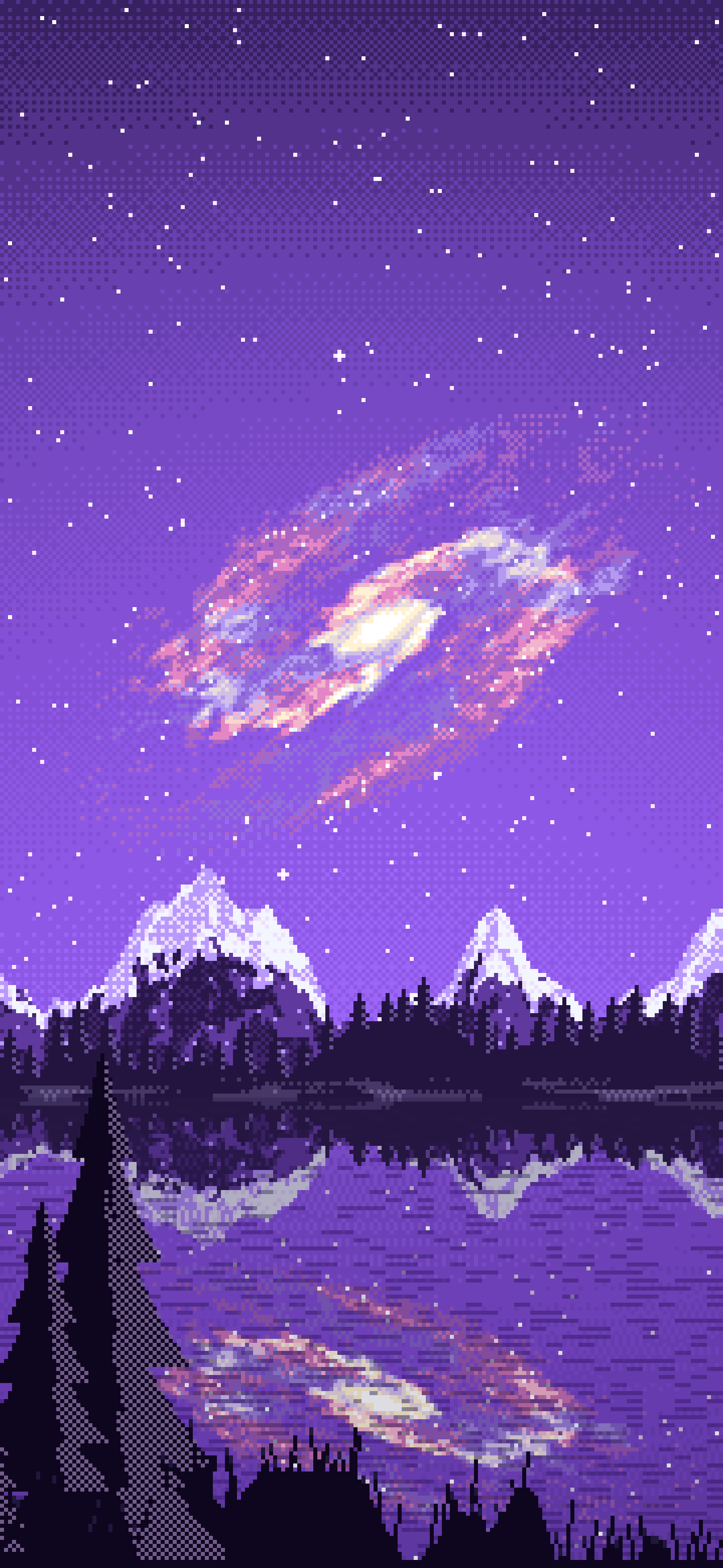 Purple Pixel Art Galaxy Over a Mountain Lake wallpaper for iPhone and Android