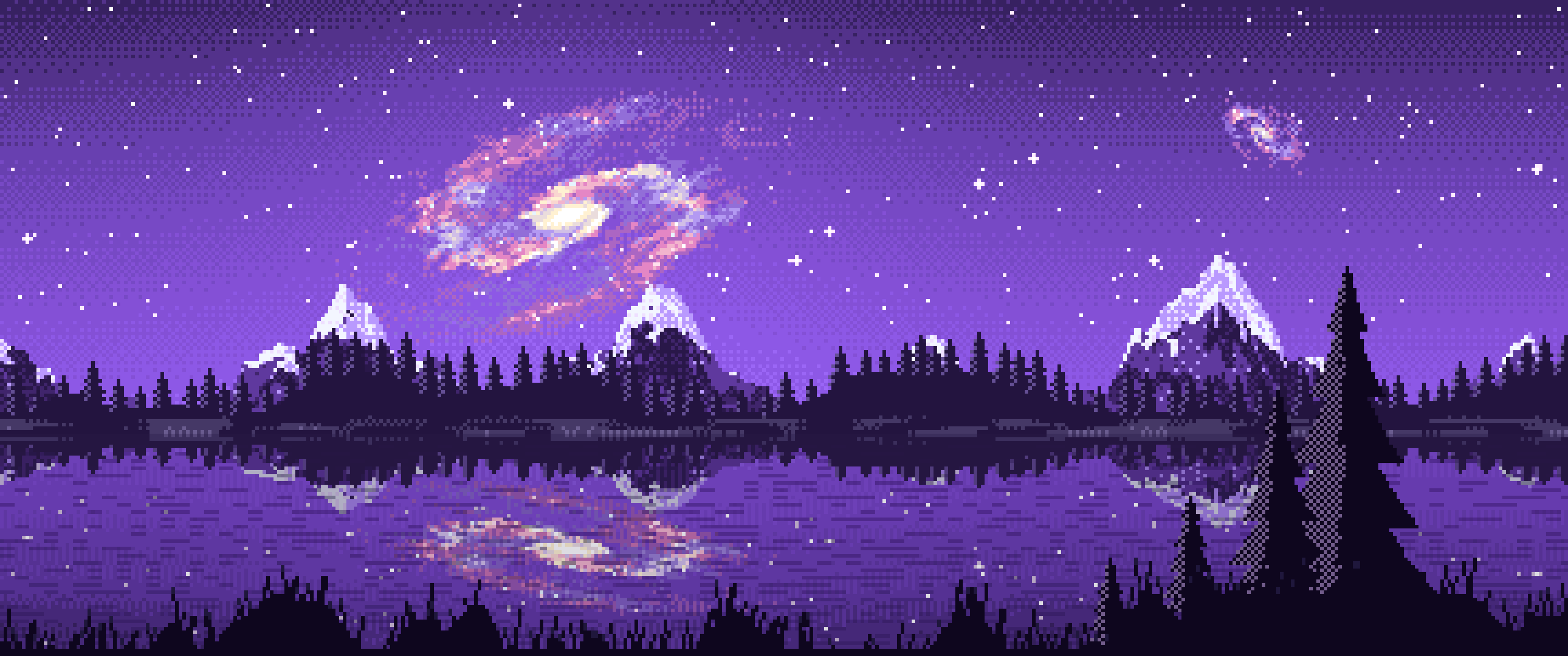 Purple Pixel Art Galaxy Over a Mountain Lake ultrawide wallpaper, 3440 × 1440