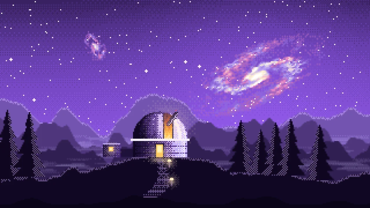 Purple Pixel Art Galaxy Over an Observatory desktop wallpaper in 4K