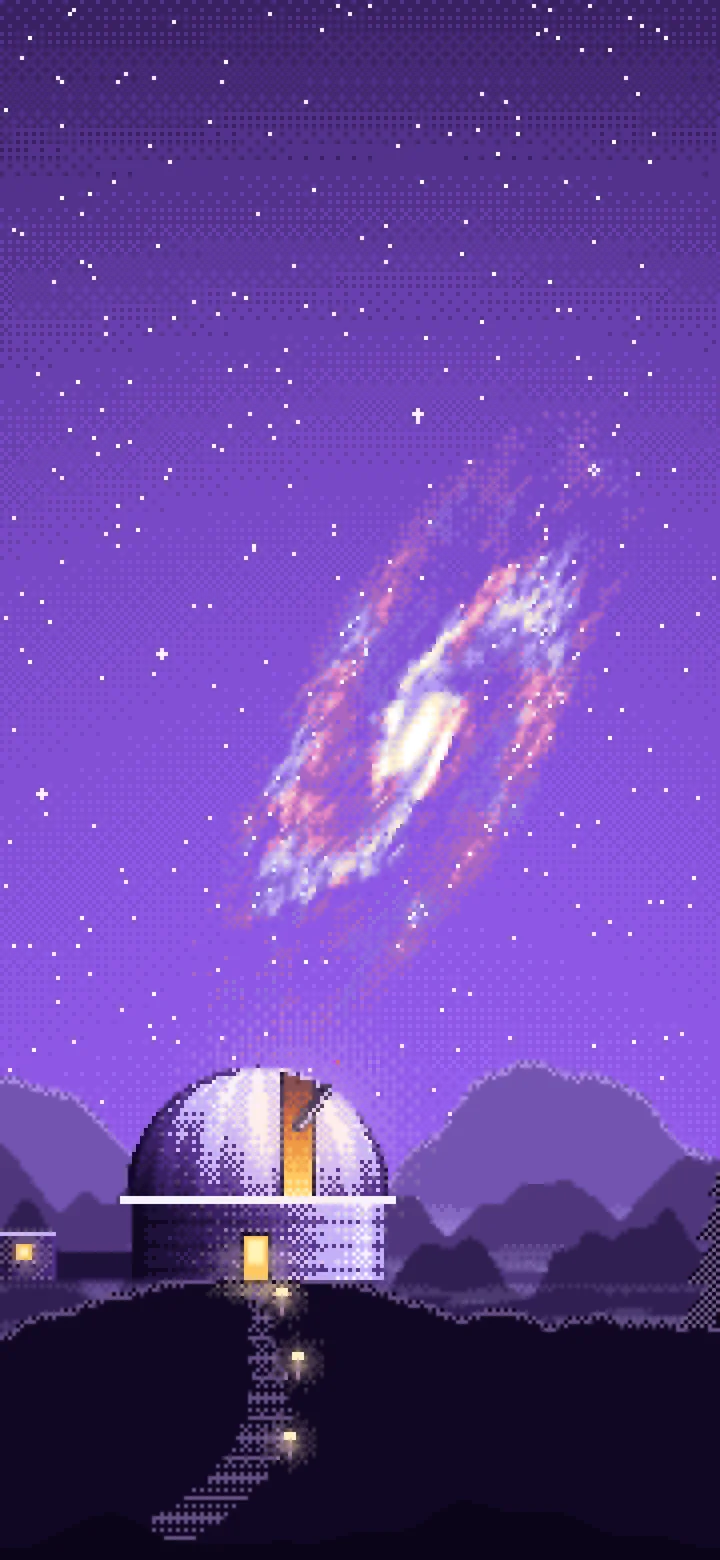 Purple Pixel Art Galaxy Over an Observatory wallpaper for iPhone and Android