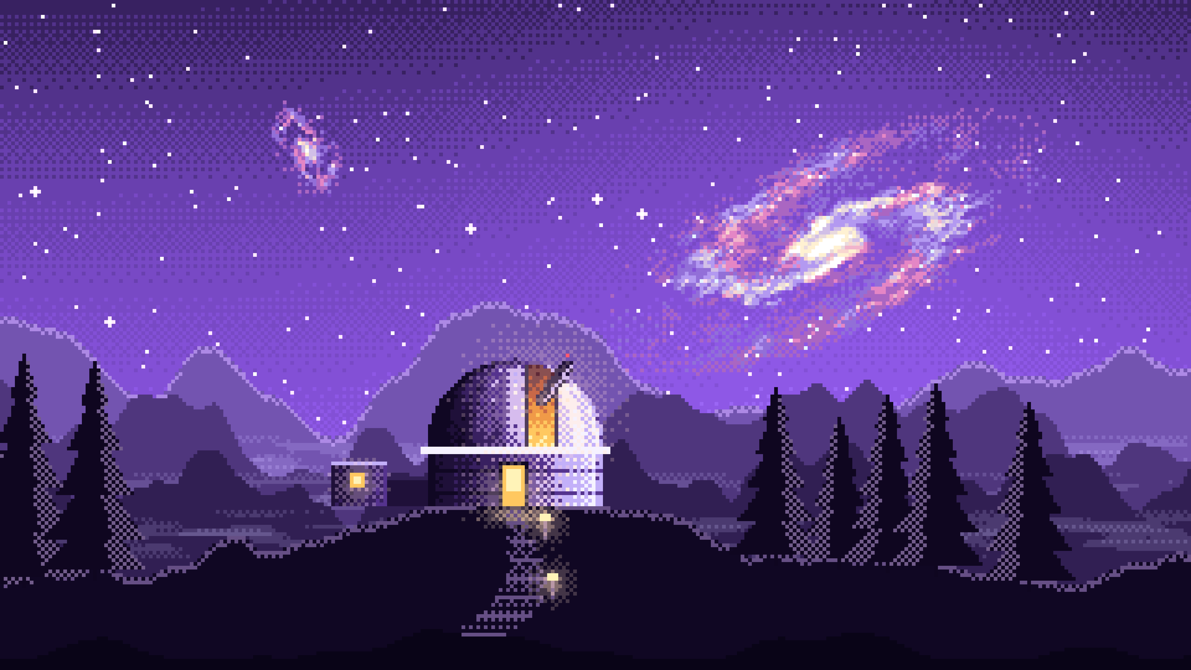 Purple Pixel Art Galaxy Over an Observatory desktop wallpaper in 4K