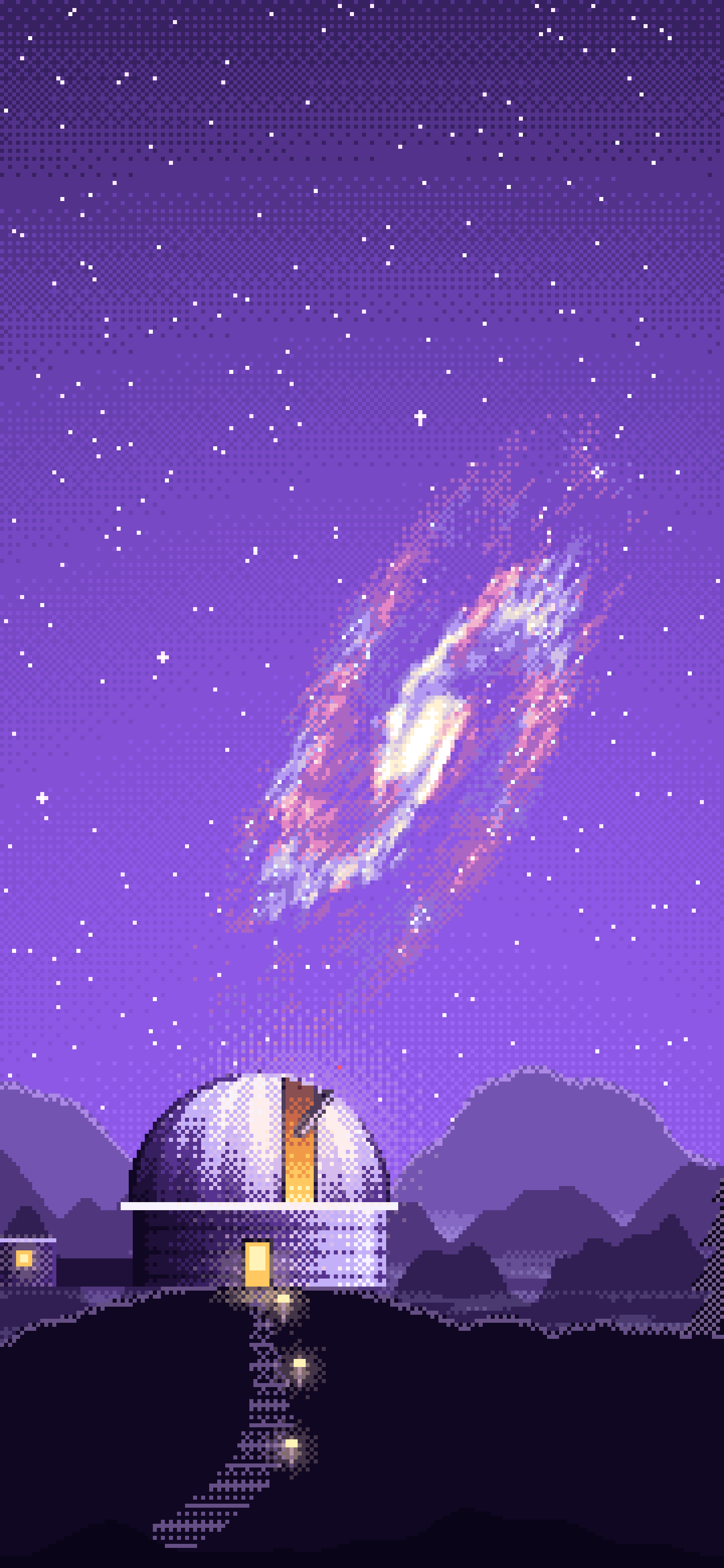 Purple Pixel Art Galaxy Over an Observatory wallpaper for iPhone and Android