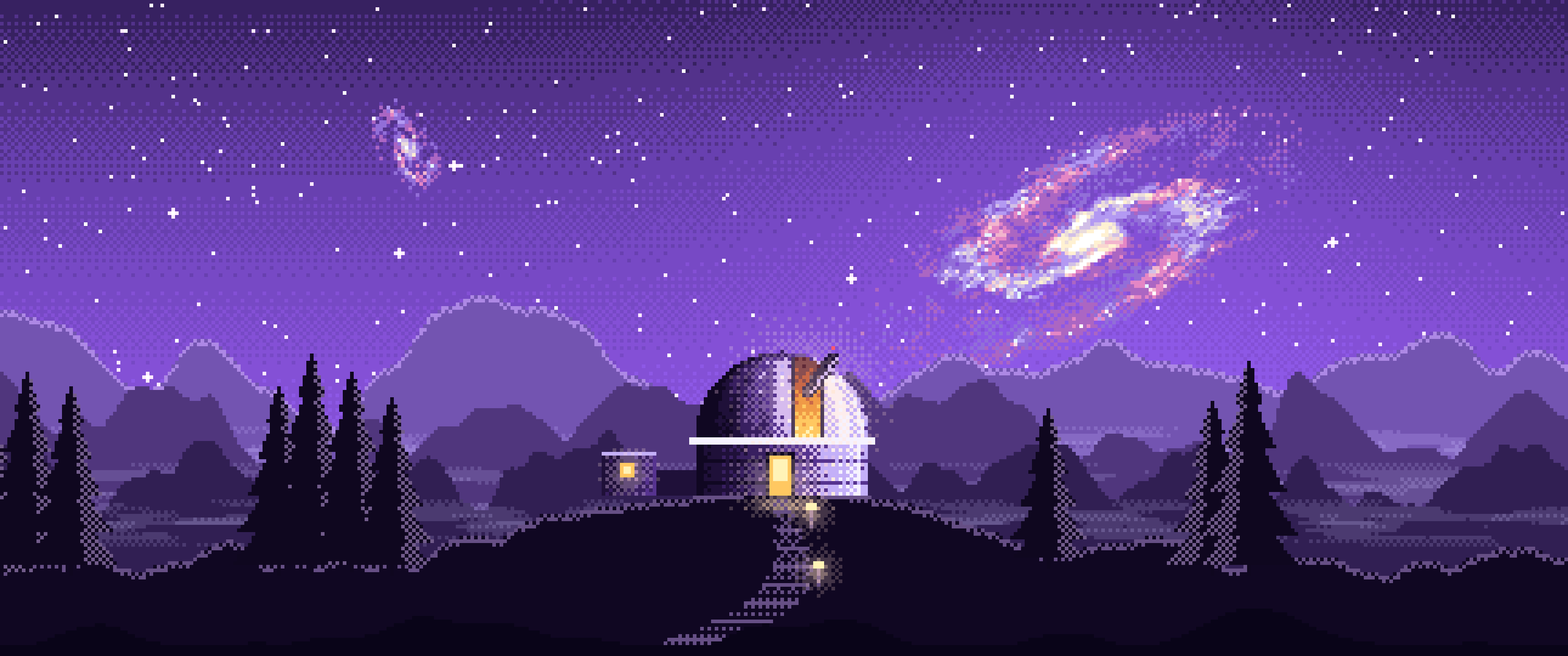 Purple Pixel Art Galaxy Over an Observatory ultrawide wallpaper, 3440 × 1440