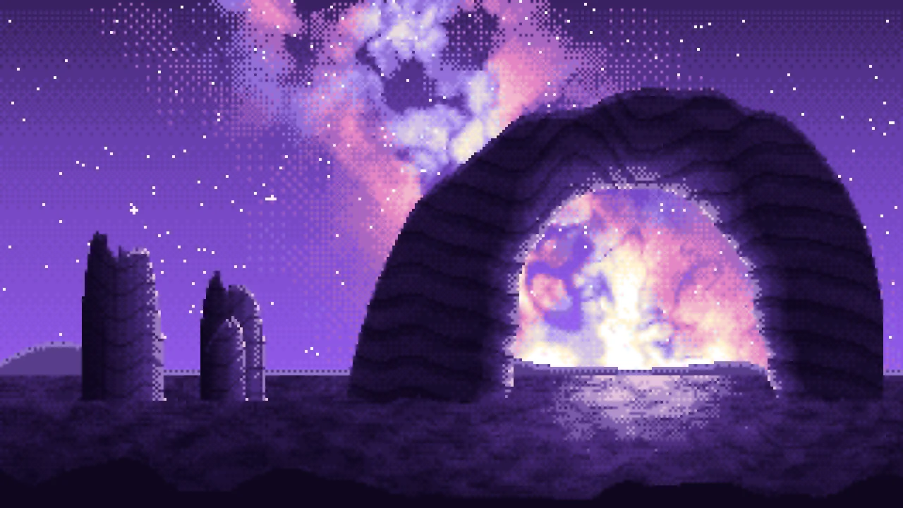 Purple Pixel Art Galaxy Over Desert Rocks desktop wallpaper in 4K