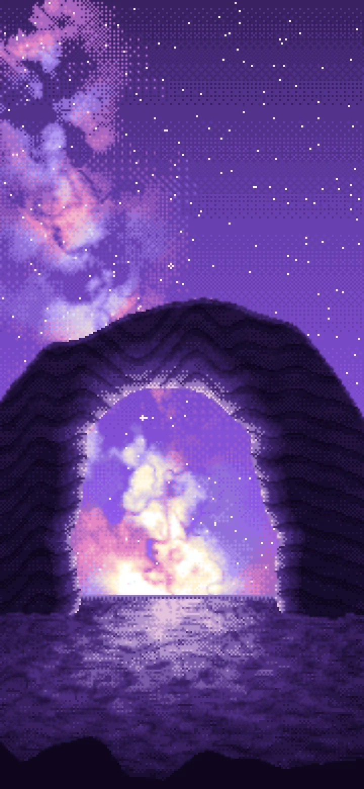 Purple Pixel Art Galaxy Over Desert Rocks wallpaper for iPhone and Android